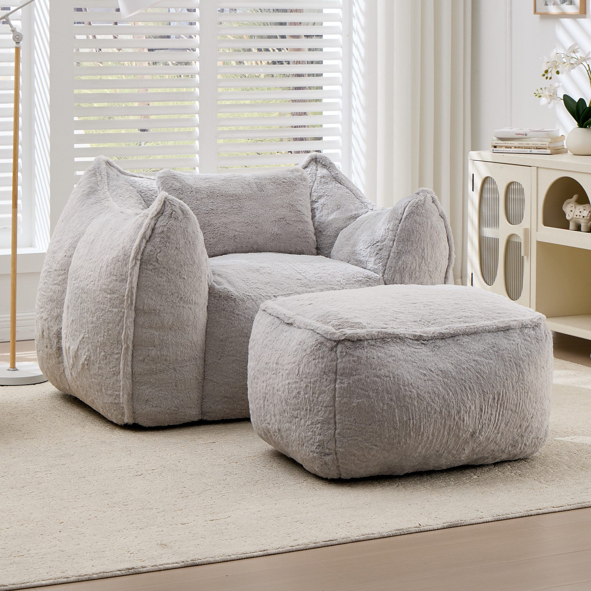 Vankel Relaxliege Sofas Wohnzimmer Loungesessel mit Hocker aus Kunstfell weich, Bean Bag Sessel mit Fußhocker, Schaumstofffüllung & Komfort