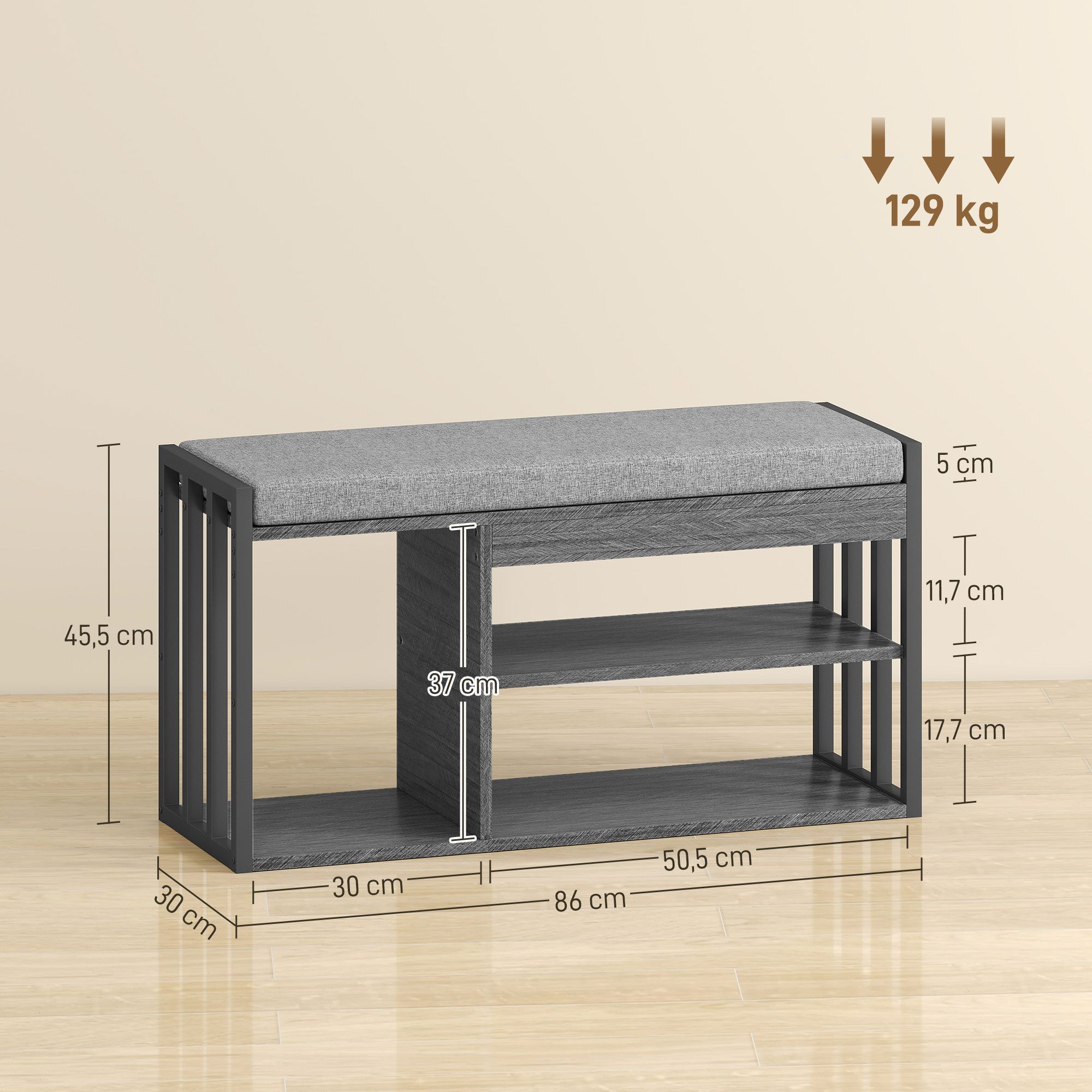 HOMCOM Schuhbank Schuhregal mit Sitzfläche, Stauraum (Flurbank, 1-St., gepolstert Sitzbank), für Wohnzimmer, Flur, 86 x 30 x 45,4 cm, Grau