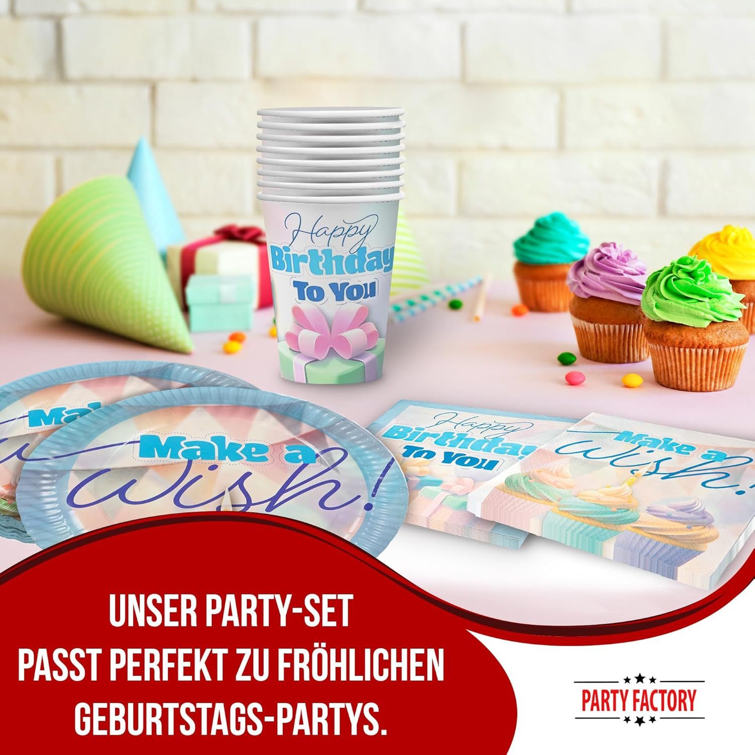 Party Factory Geschirr-Set Happy Birthday Pastell 3-tlg Set mit Becher, Teller und Servietten, 8 Personen, Sanfte Farben für eine festliche Stimmung