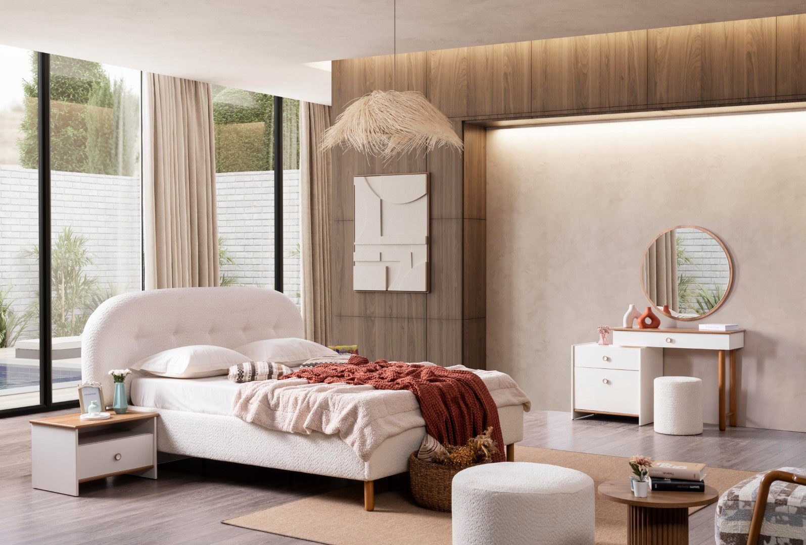 JVmoebel Schlafzimmer-Set Schlafzimmer-Set Harmonie in Weiß aus Holz für Gemütlichkeit, (5-tlg., MaßeBett, Maße2x Nachttische, MaßeSchminktisch mit Spiegel, MaßeHocker), Made in Europe