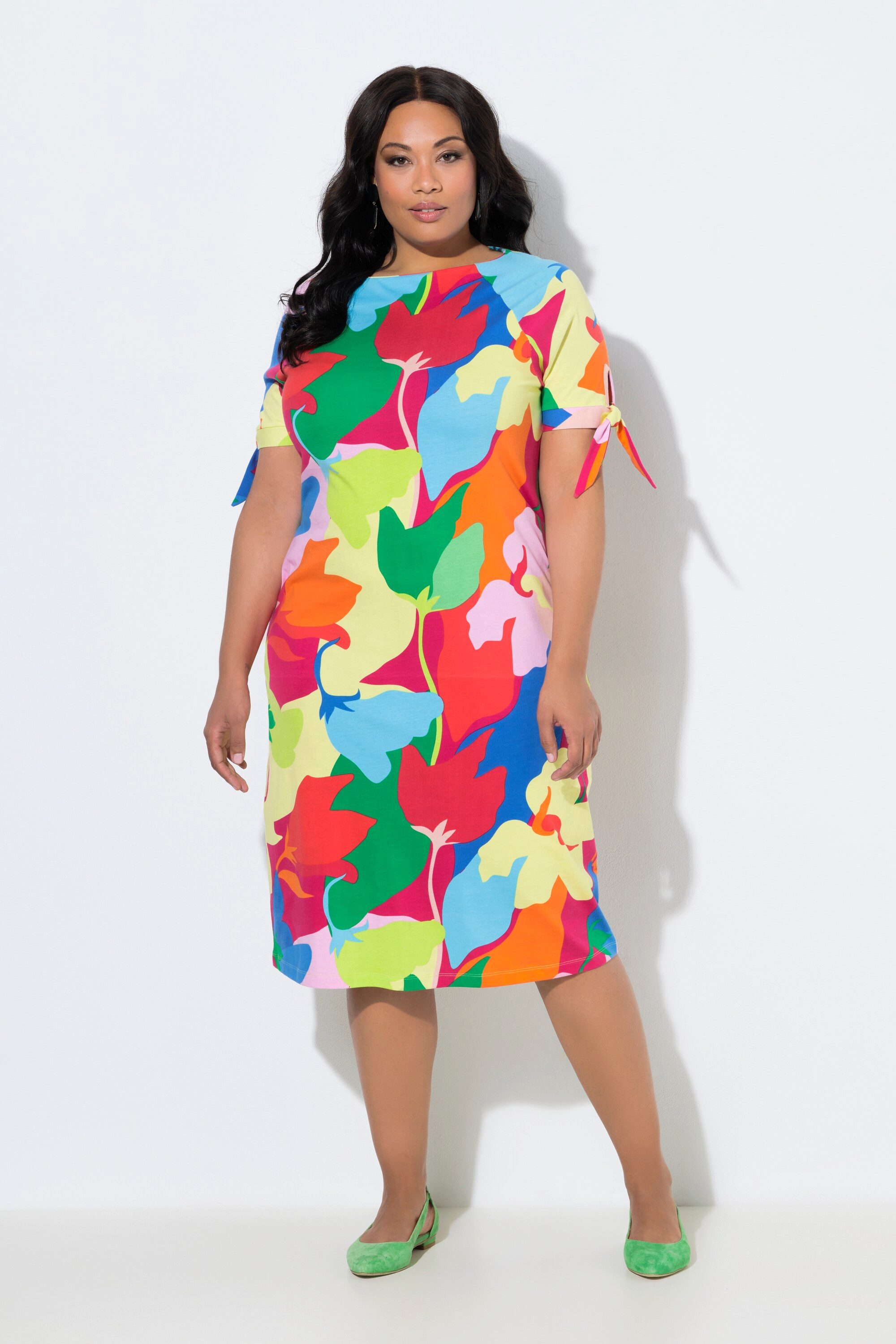 Midikleid Midikleid Blätter A-Linie Carmenausschnitt Halbarm