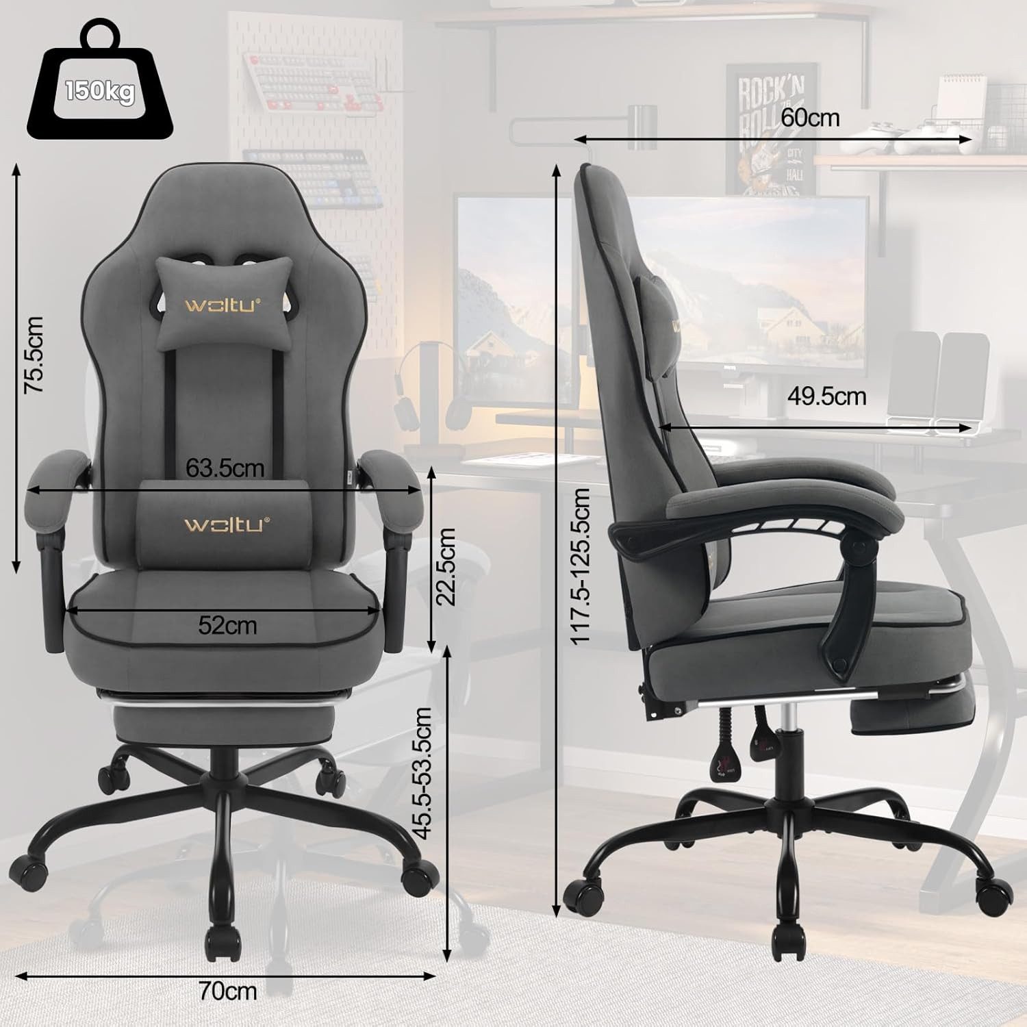 Woltu Gaming-Stuhl (1 St), mit Kopfkissen Lendenkissen Fußstütze ergonomisch, Tech-Stoff