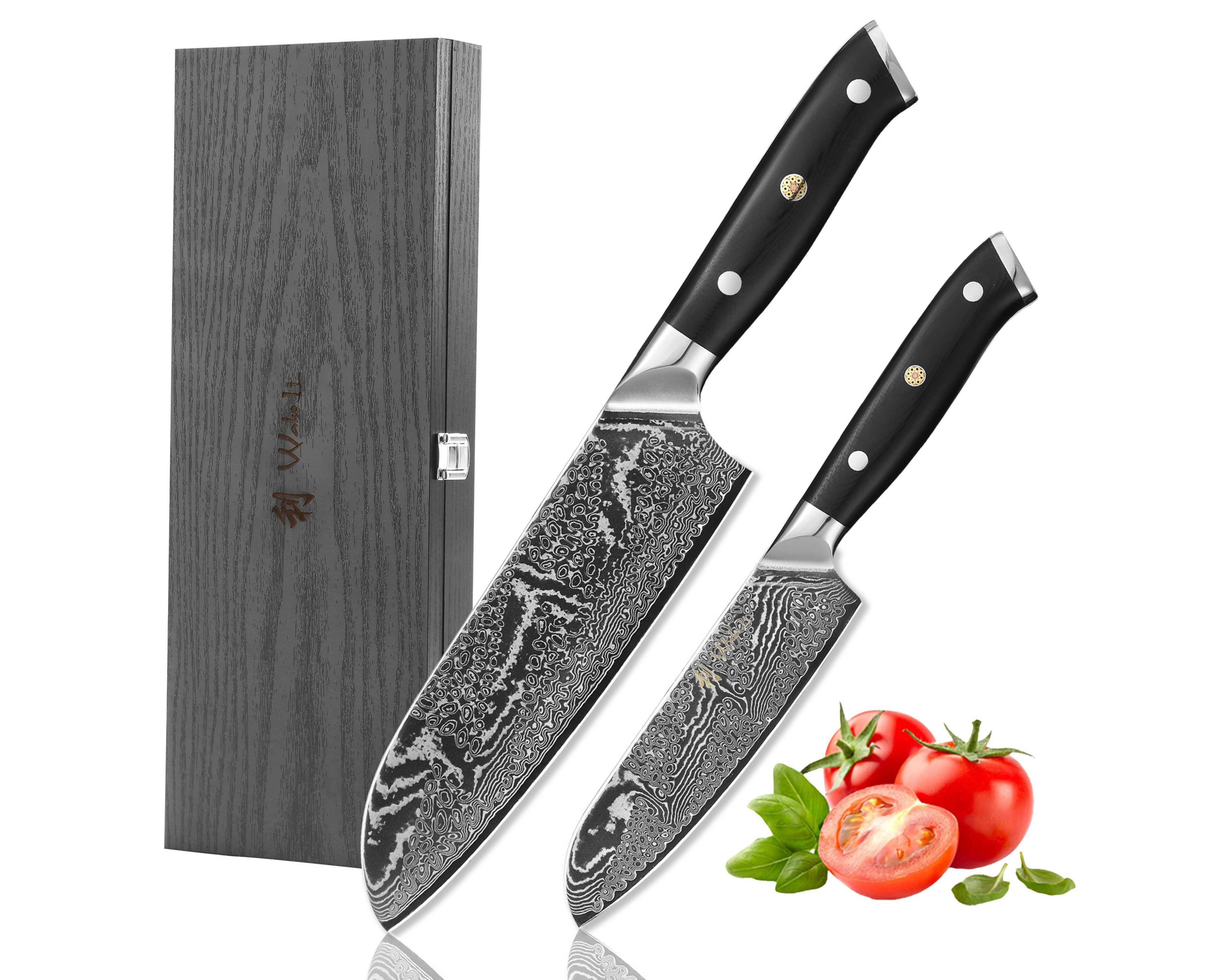 Wakoli Messer-Set Nitoko 2er Set Damast Profi Santoku Küchenmesser Full Tang G10 Griff (Damastmesser-Set in Holz-Geschenkbox, 2-tlg., 2er Damastmesser-Set), aus 67 Lagen Damaststahl, VG10 Kern, Full Tang