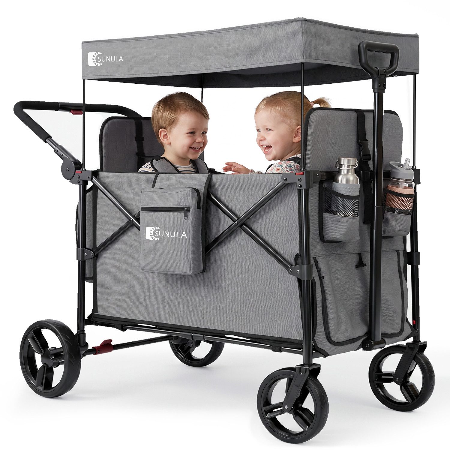 SUNULA Bollerwagen Kinder Bollerwagen für 2 Kinder mit Dach, Schiebe- und Zieh Funktion, Faltbar Kinderwagen mit XXL-Rädern (25/20 cm) und 5-Punkt-Gurtsystem