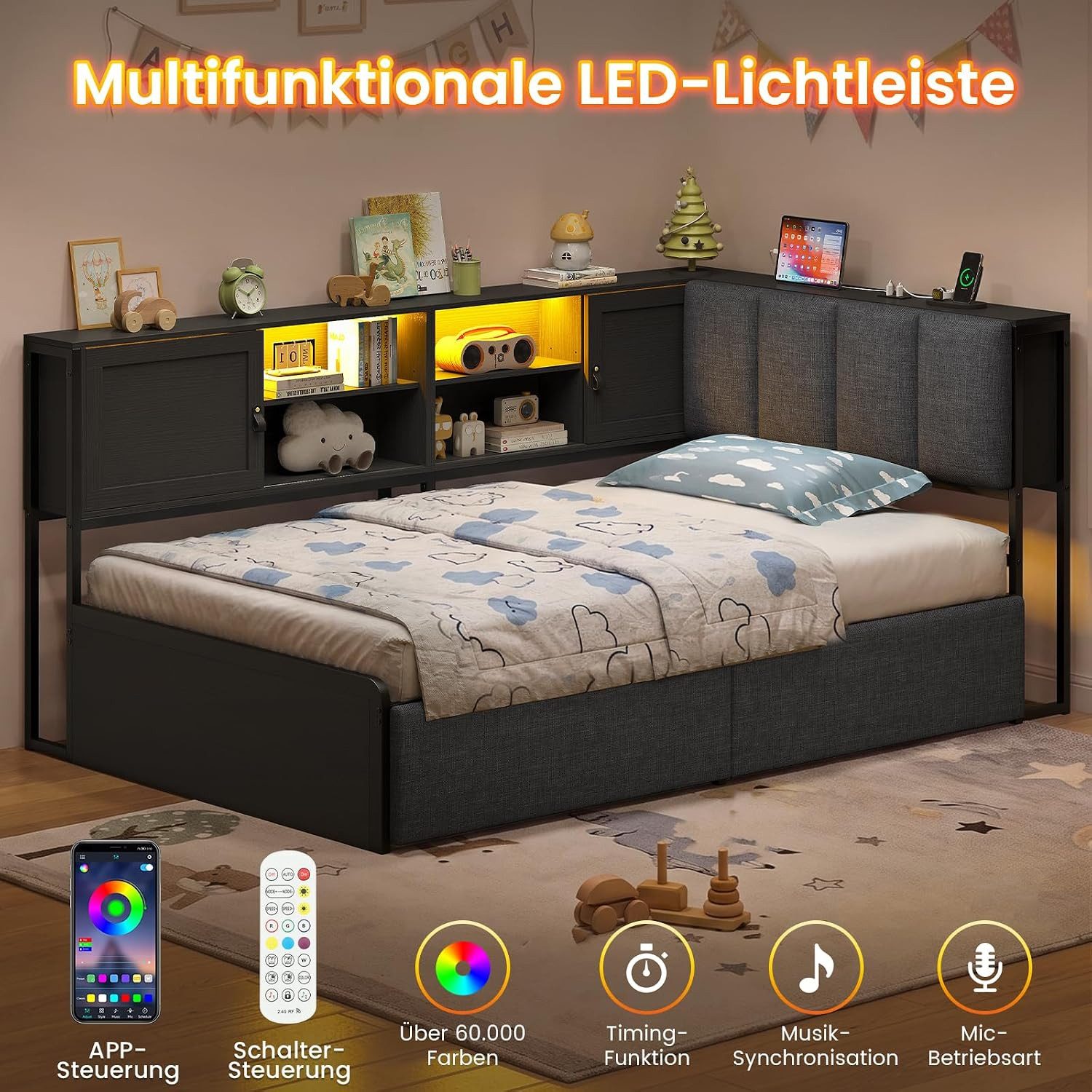 KIMENICH Polsterbett mit LED‑Beleuchtung, integrierter Ladestation und Stauraum‑Kopfteil (Ohne Matratze), Schlafsofa, Jugendbett, Tagesbett, 2 Schubladen, 90 x  – Bild 4 von 5
