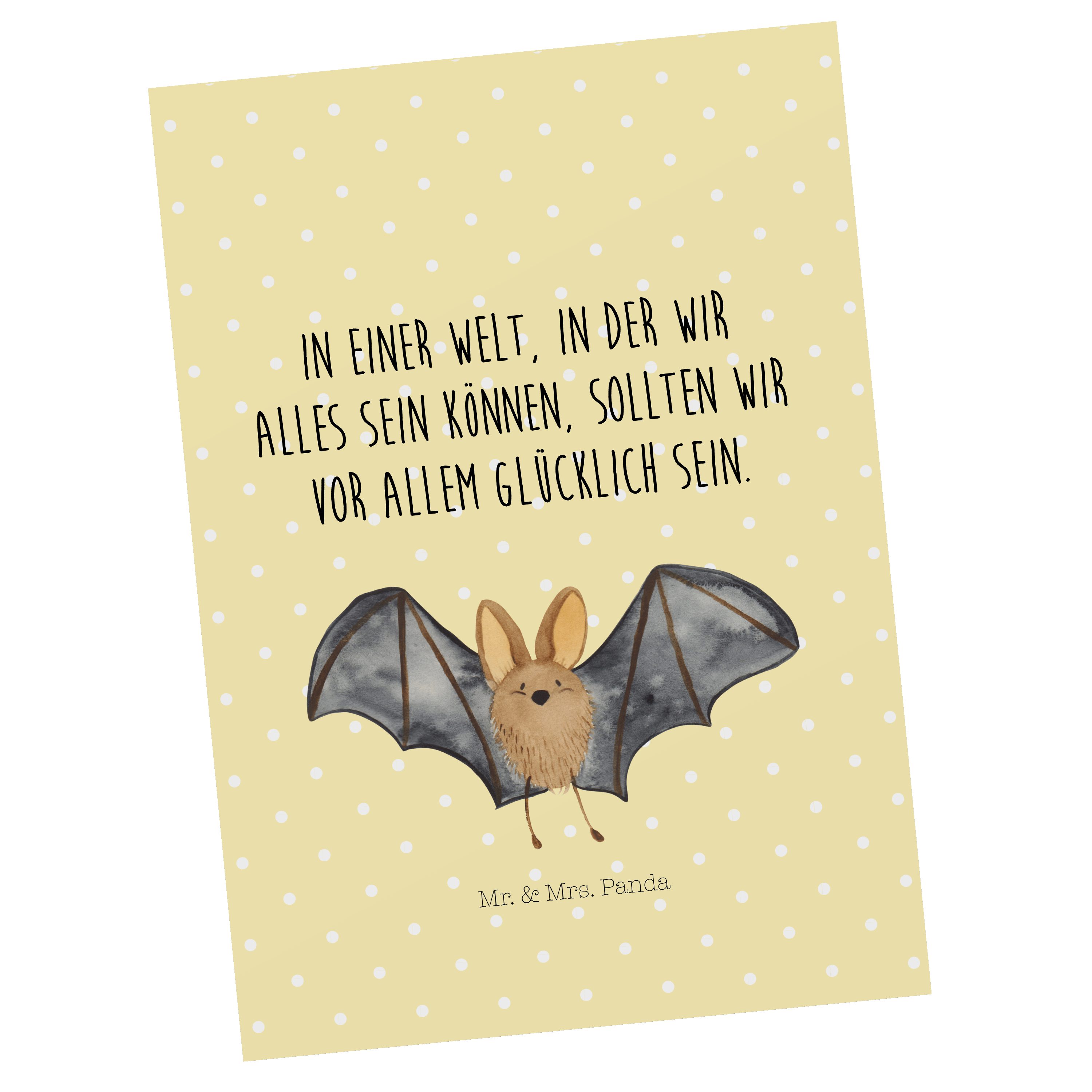 Mr. & Mrs. Panda Postkarte Fledermaus Flügel - Gelb Pastell - Geschenk, Einladungskarte, Einladu