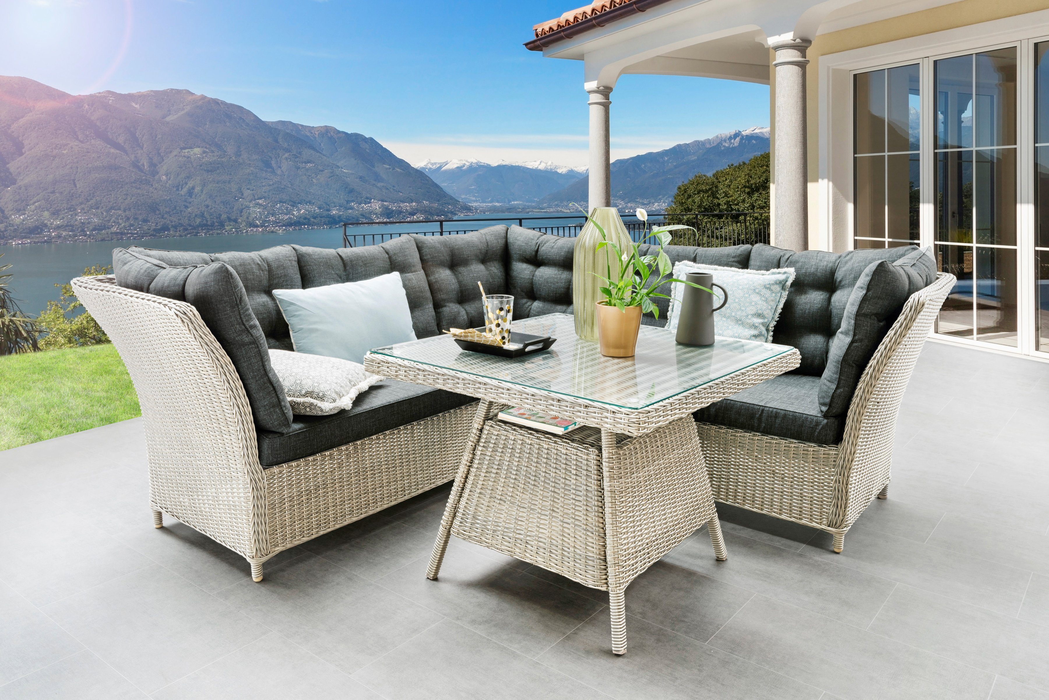 Destiny Garten-Essgruppe PALMA, (10-tlg., 2x Schenkel, 1x Eckmodul, 1x Tisch, inkl. Auflagen), Aluminium, Polyrattan