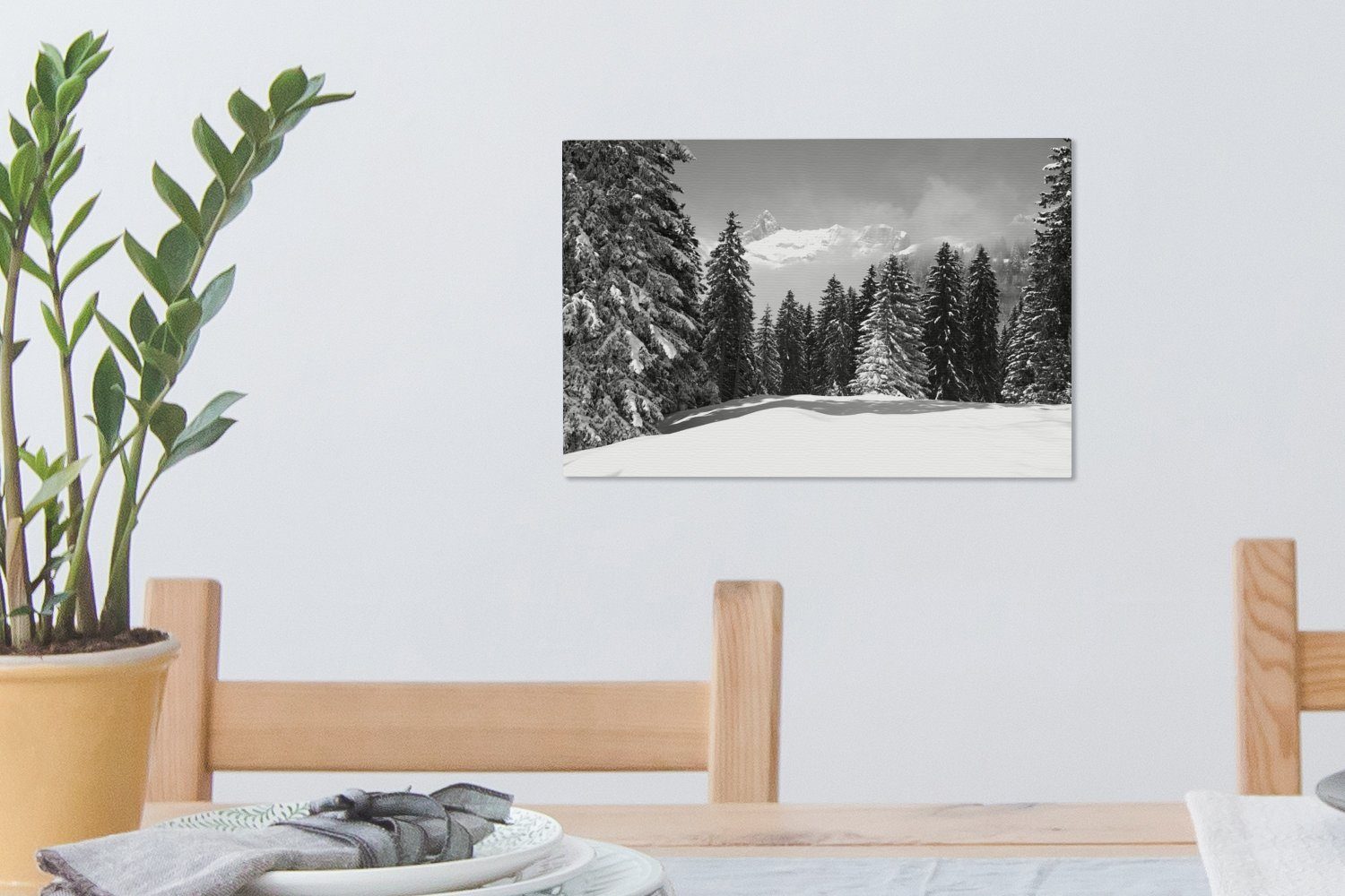 schaffen den schneebedeckten St), Leinwandbild Bergen Leinwandbilder, Wanddeko, Bäume 30x20 cm Wandbild weihnachtliche, Die OneMillionCanvasses® Aufhängefertig, (1 eine in