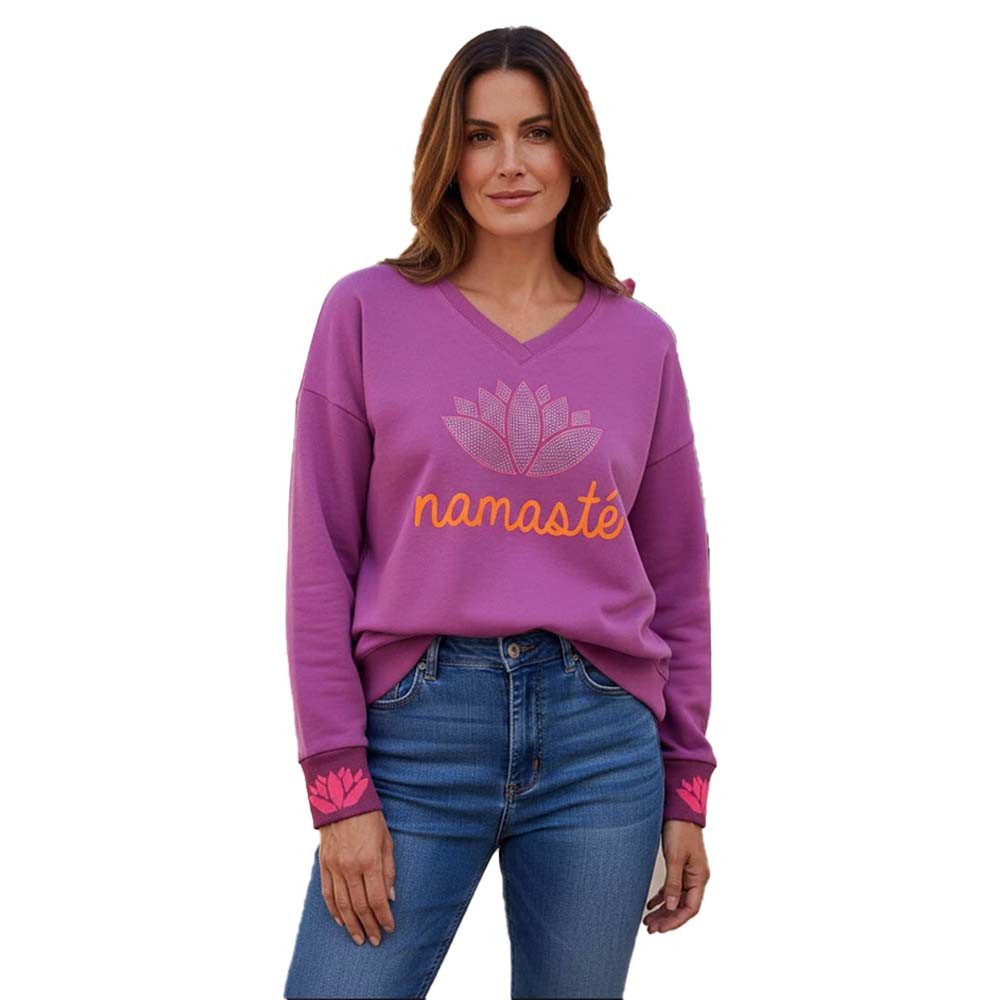 Miss Goodlife Sweatshirt V-Neck MG13637 Namasté Strass Sweater aus Baumwolle – Lila (Crocus)