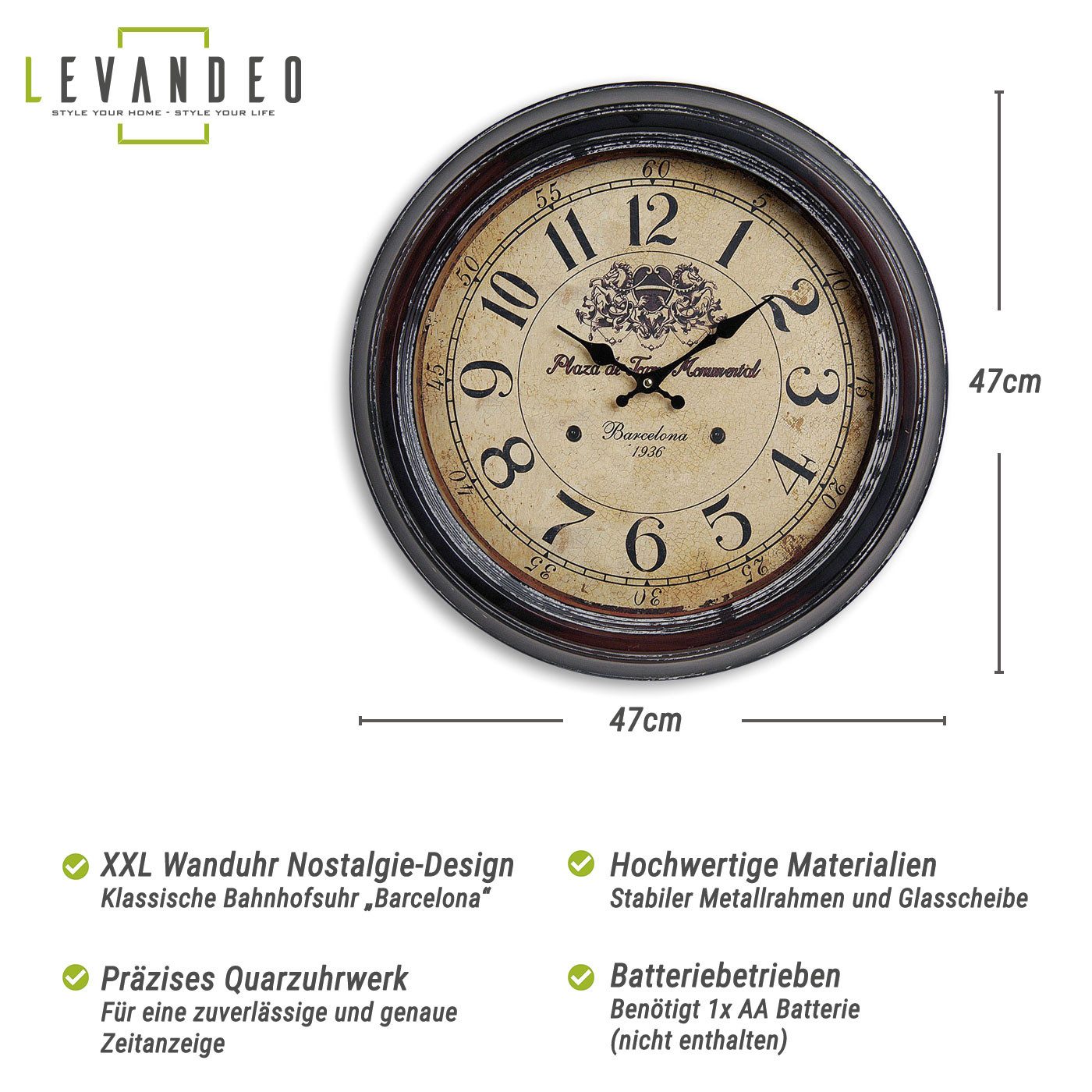 Levandeo® Wanduhr (Wanduhr XXL 47cm Metall Barcelona Nostalgie Großuhr Bahn günstig online kaufen