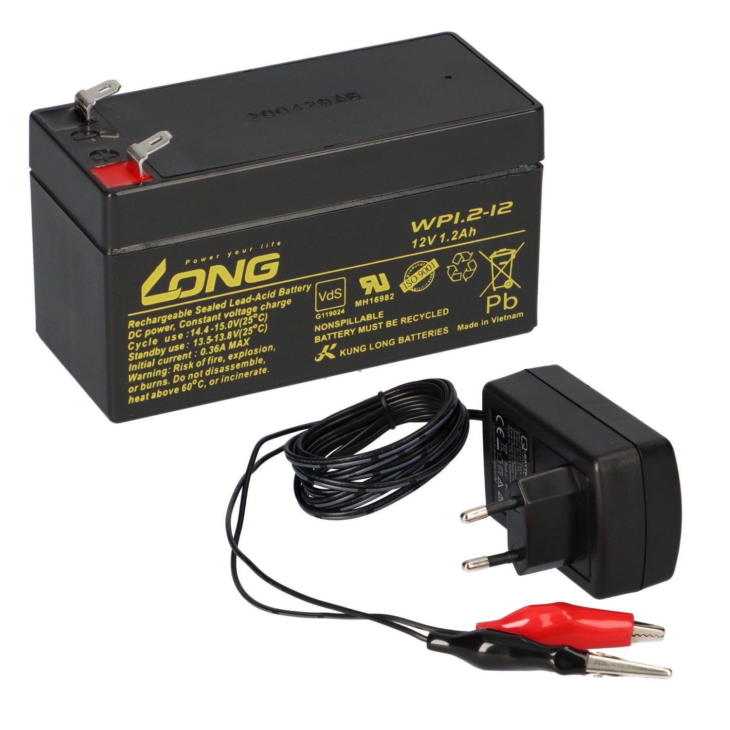 Akkuman.de AGM BLEI AKKU BATTERIE 12V 1,2Ah + LADEGERÄT Bleiakkus