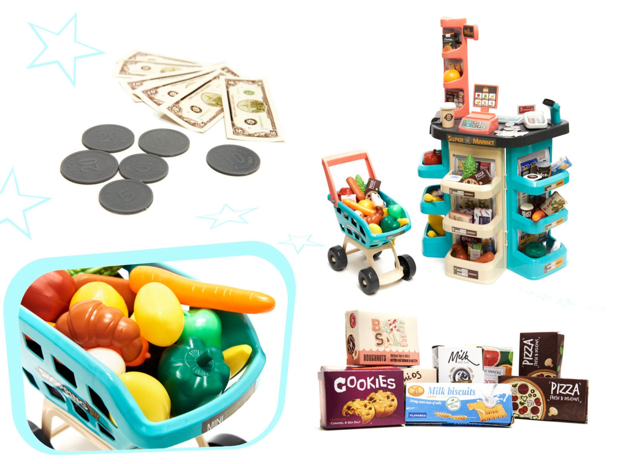 Ikonka Spielküche Spielzeug-Supermarkt mit Zubehör – Scanner & Kasse mit Sound, Supermarkt mit 47 Zubehörteilen und realistischen Soundeffekten