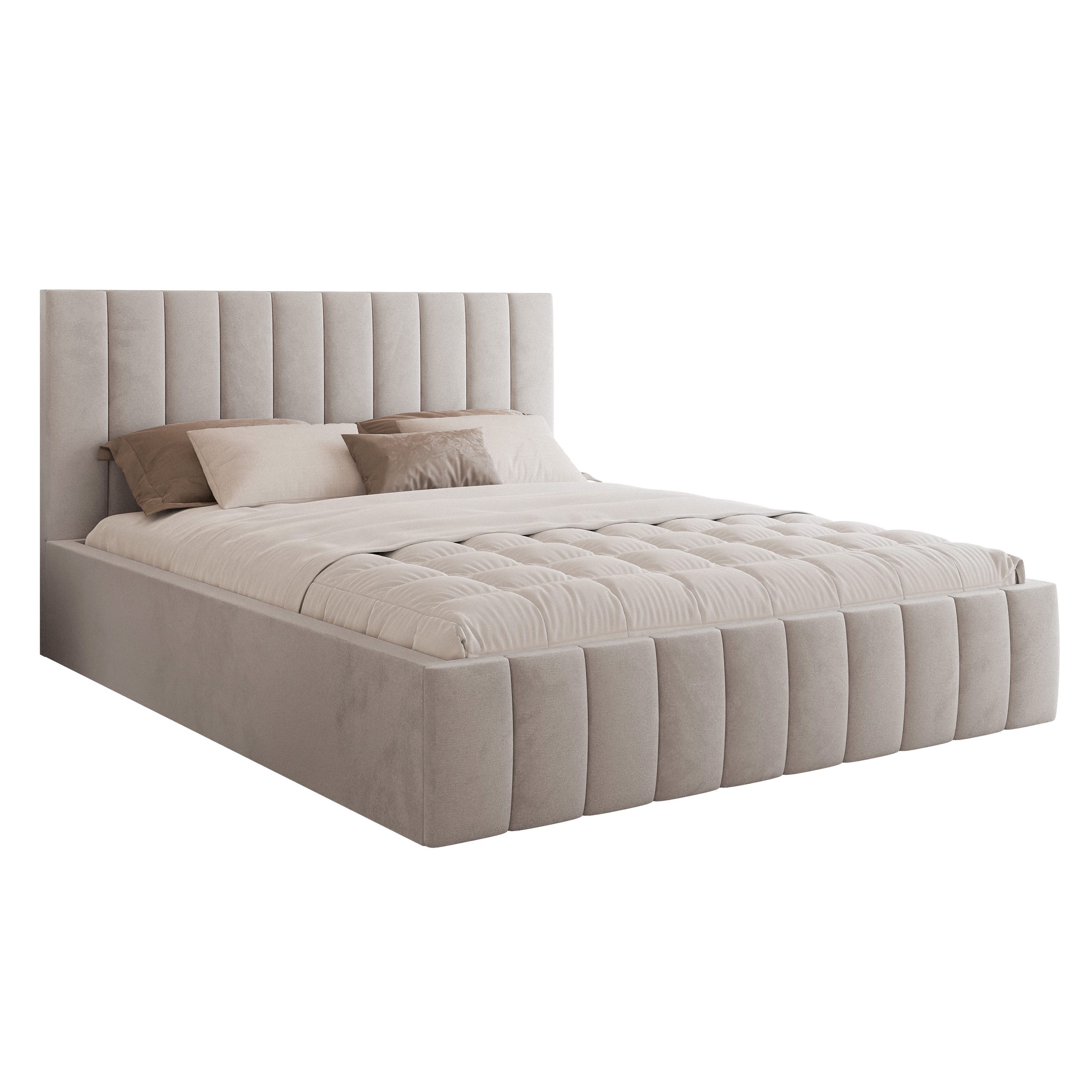 Goldstoff Polsterbett Elegantes Bett "ELVANO" mit hohem Kopfteil und großem Stauraumfach (120–200x200 cm, Kopfteilhöhe: 90/110 cm, Seitenhöhe: 25/40 cm), Schlaf – Bild 2 von 5