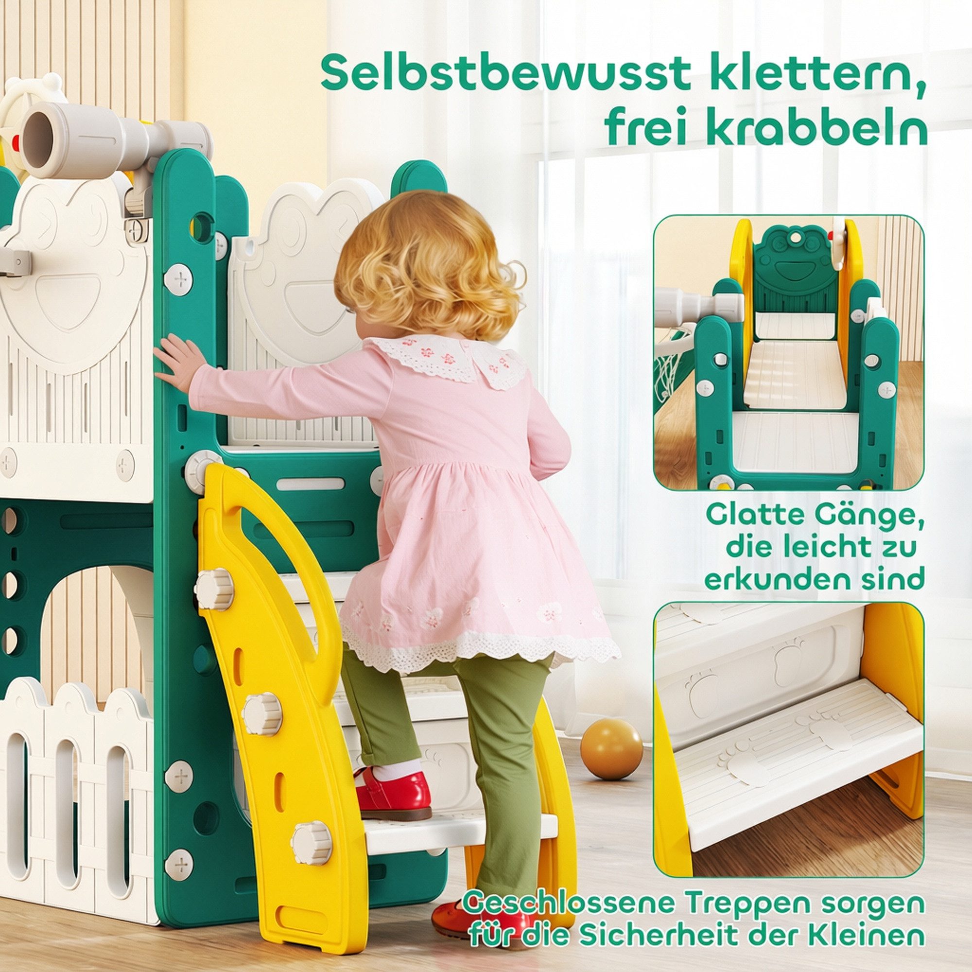 AIYAPLAY Rutsche Klettergerüst 7 in 1 Babyrutsche mit Basketballkorb, Tunnel, (Spielplatz, 1-tlg., Kinderrutsche), für Kleinkinder 1-3 Jahre, Gelb – Bild 5 von 5