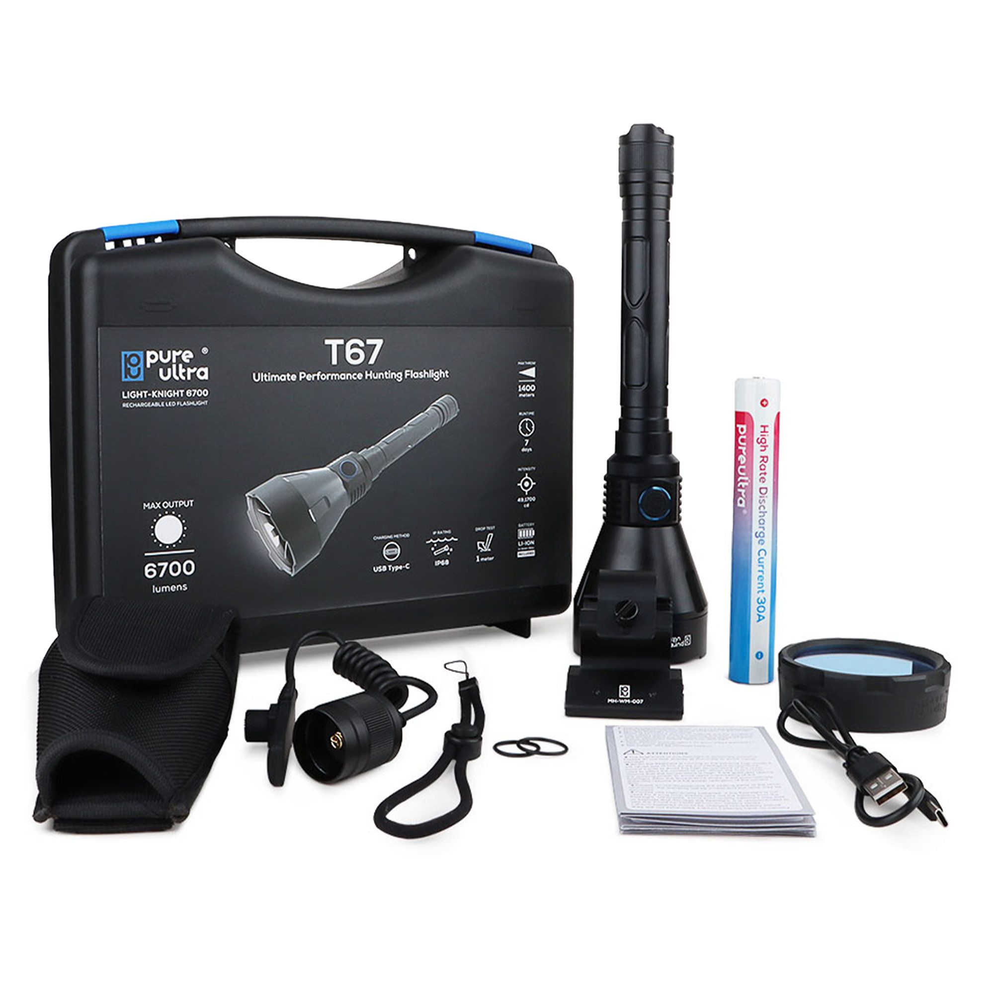 PureUltra LED Taschenlampe T67, 1400m Reichweite, 6700Lm, Search & Rescue, Farbfilter für Einsätze
