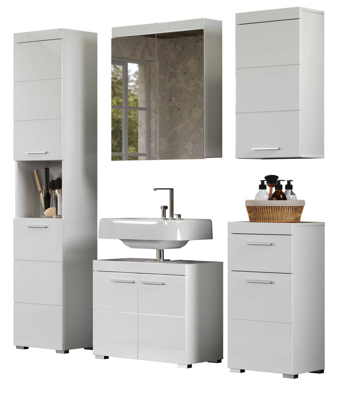 trendteam Badmöbel-Set Amanda, (in weiß Hochglanz, Bad Komplett-Set 5-teilig), mit viel Stauraum