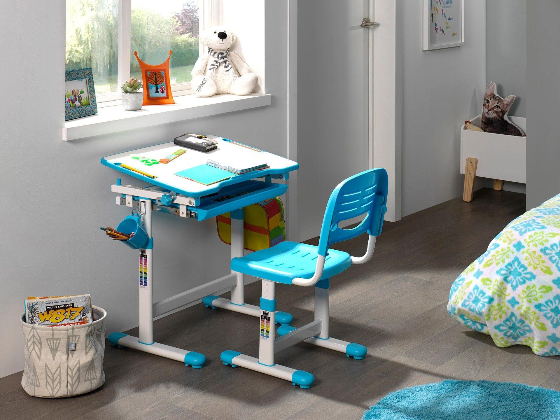Stauraumfach weiß/blau mit Stuhl), (Set, Vipack Schülerschreibtsich, mit Comfortline Kinderschreibtisch ergenomisch höhenverstellbar,