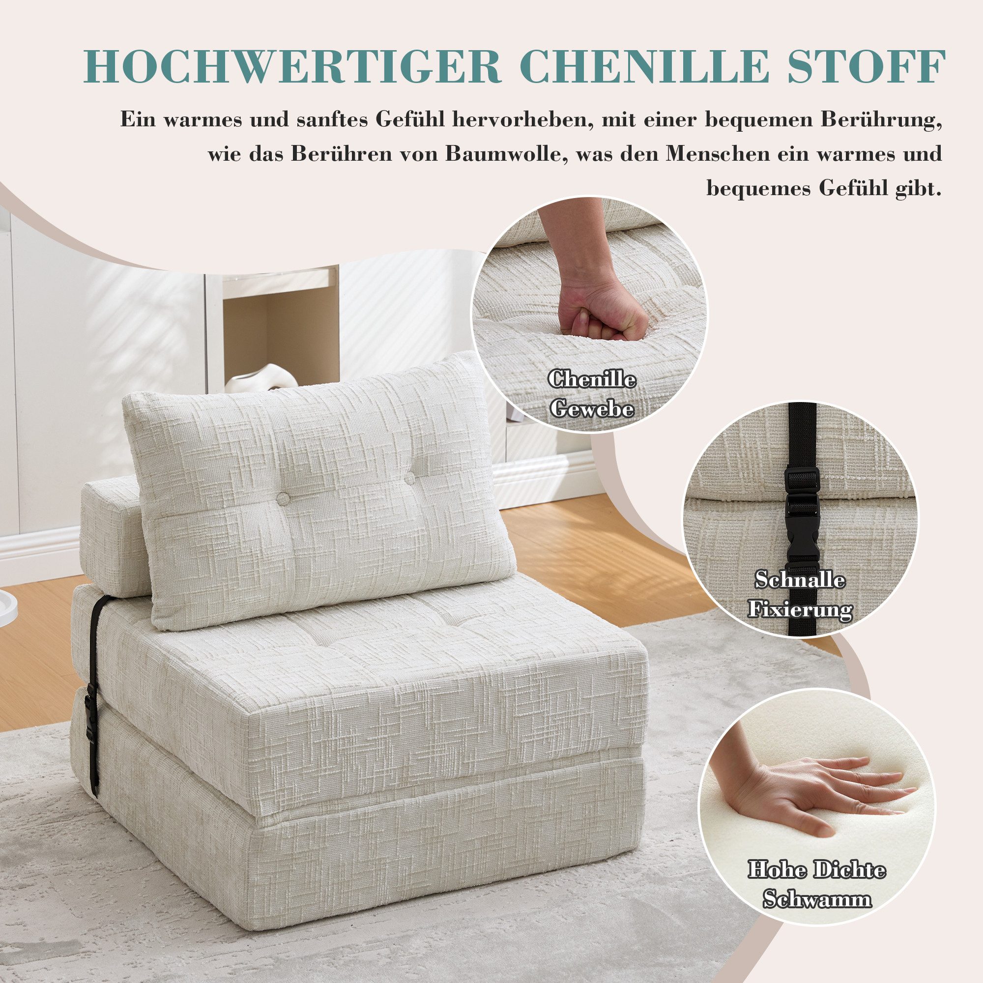 OKWISH Sofa Einzelsofa, Schlafsofa, Bequemes faltbares Wohnzimmer Sofa mit Kissen & Rückenlehne – Klappmatratze, für Gästezimmer & Wohnzimmer