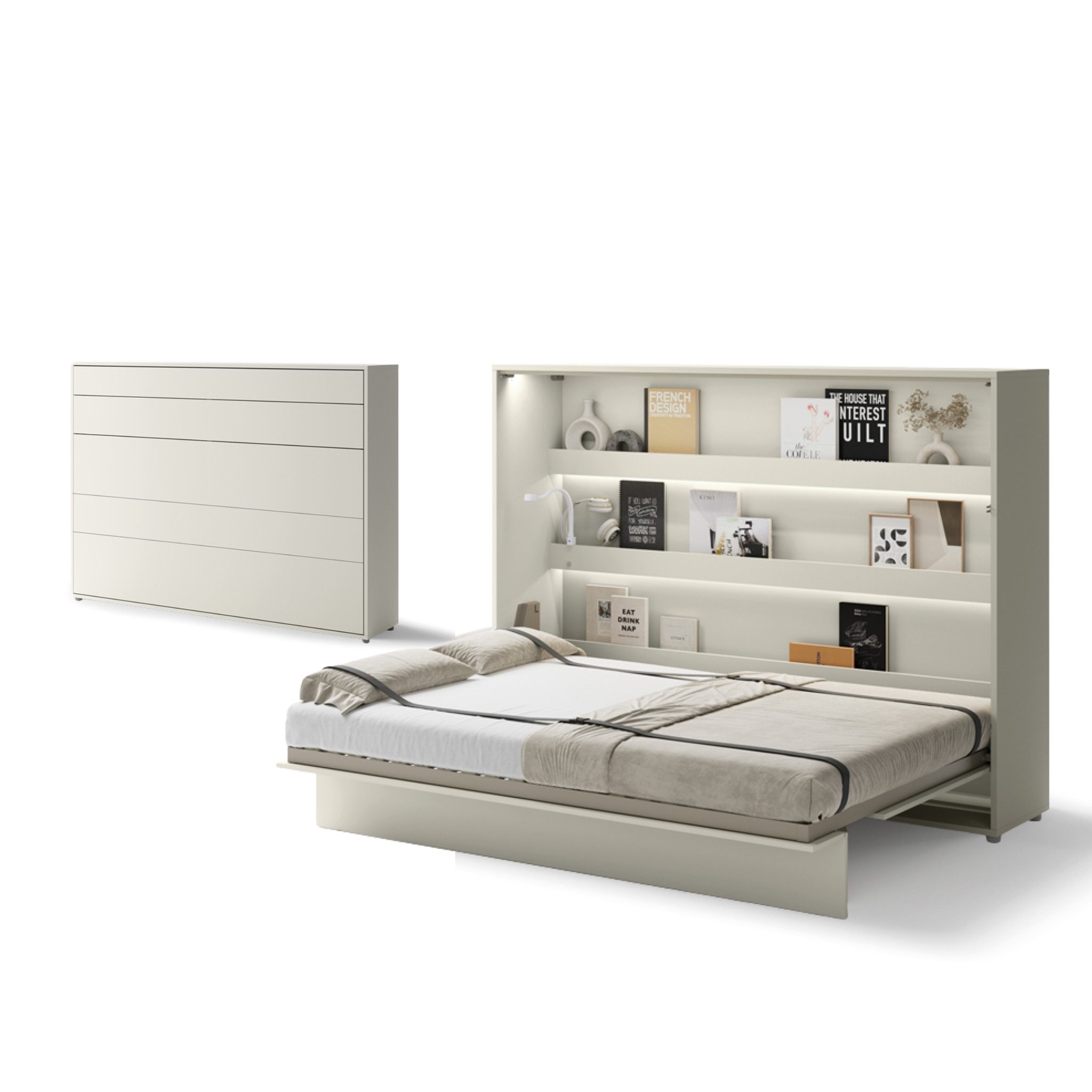 Friderik-EU Schrankbett Horizontal Wandklappbett Lenart Bed Concept - inklusive Trageservice (mit LED) Horizontal Wandklappbett mit pneumatischer Hebehilfe, Soft-Close