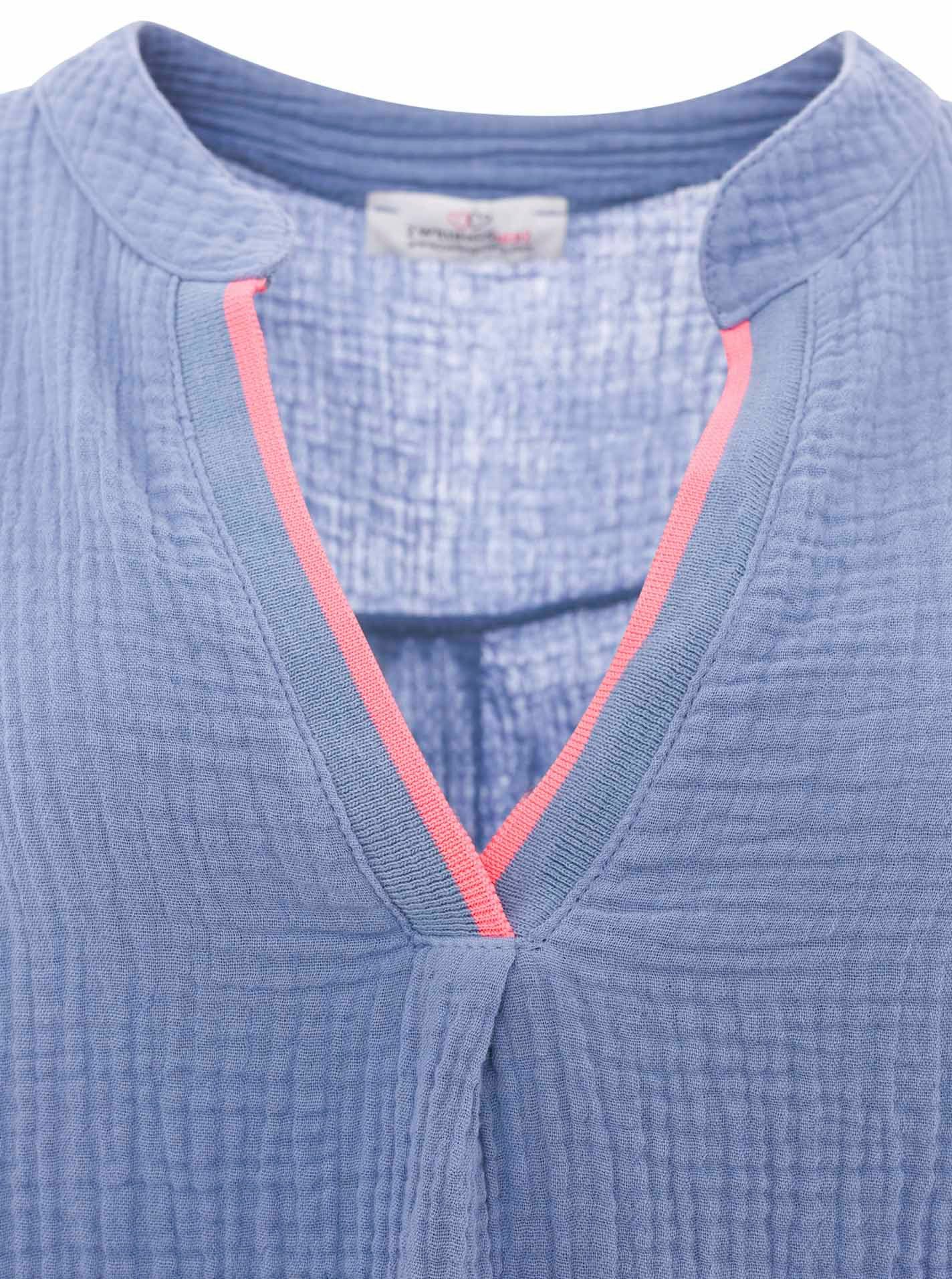 Zwillingsherz Schlupfbluse "Neon Kante" Musselin, eingefasster V-Neck in Neon, 3/4 Arm, hinten leicht länger – Bild 5 von 5
