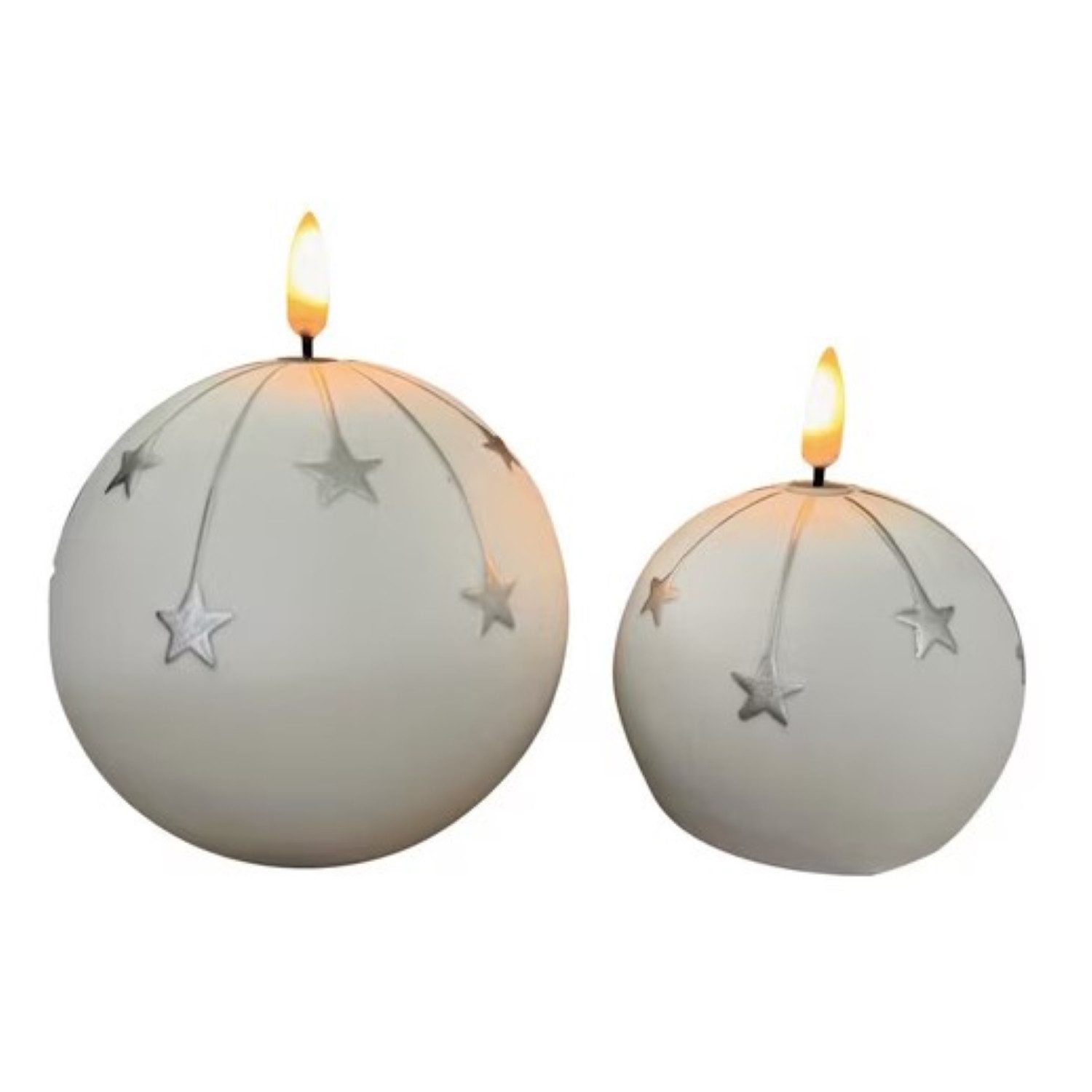 Online-Fuchs LED-Kerze 2er Set runde LED Kerzen aus Keramik mit Sternen verziert (Silber, Gold, Kugelkerzen), 6-Stunden Timerfunktion - Kerzen für Weihnachten