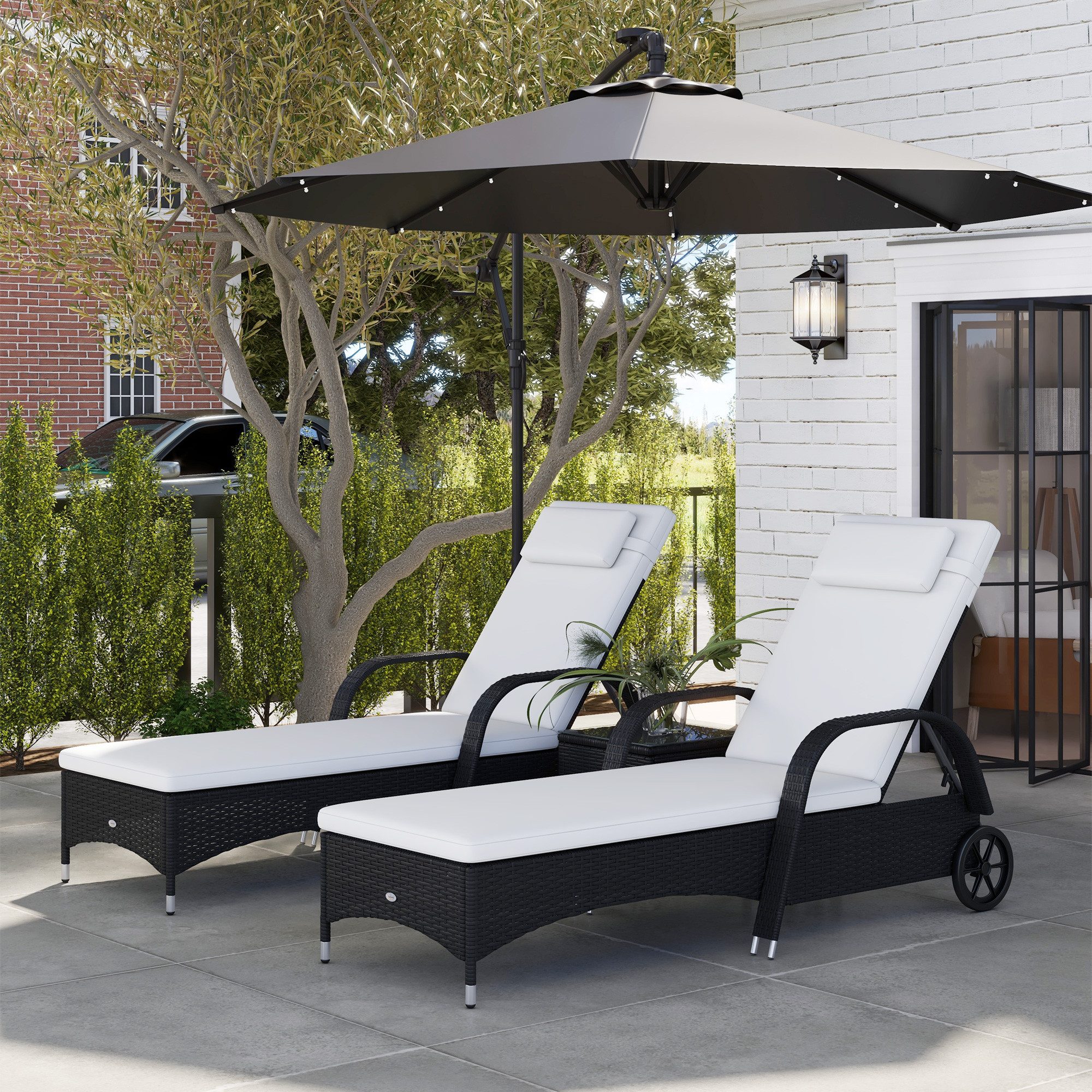 Outsunny Gartenliege Gartenliege mit Tisch 3er-Set Gartenmöbel Polyrattan+Metall, Liege, 3 St., Sonnenliege, olyrattan+Metall Schwarz+Cremeweiß