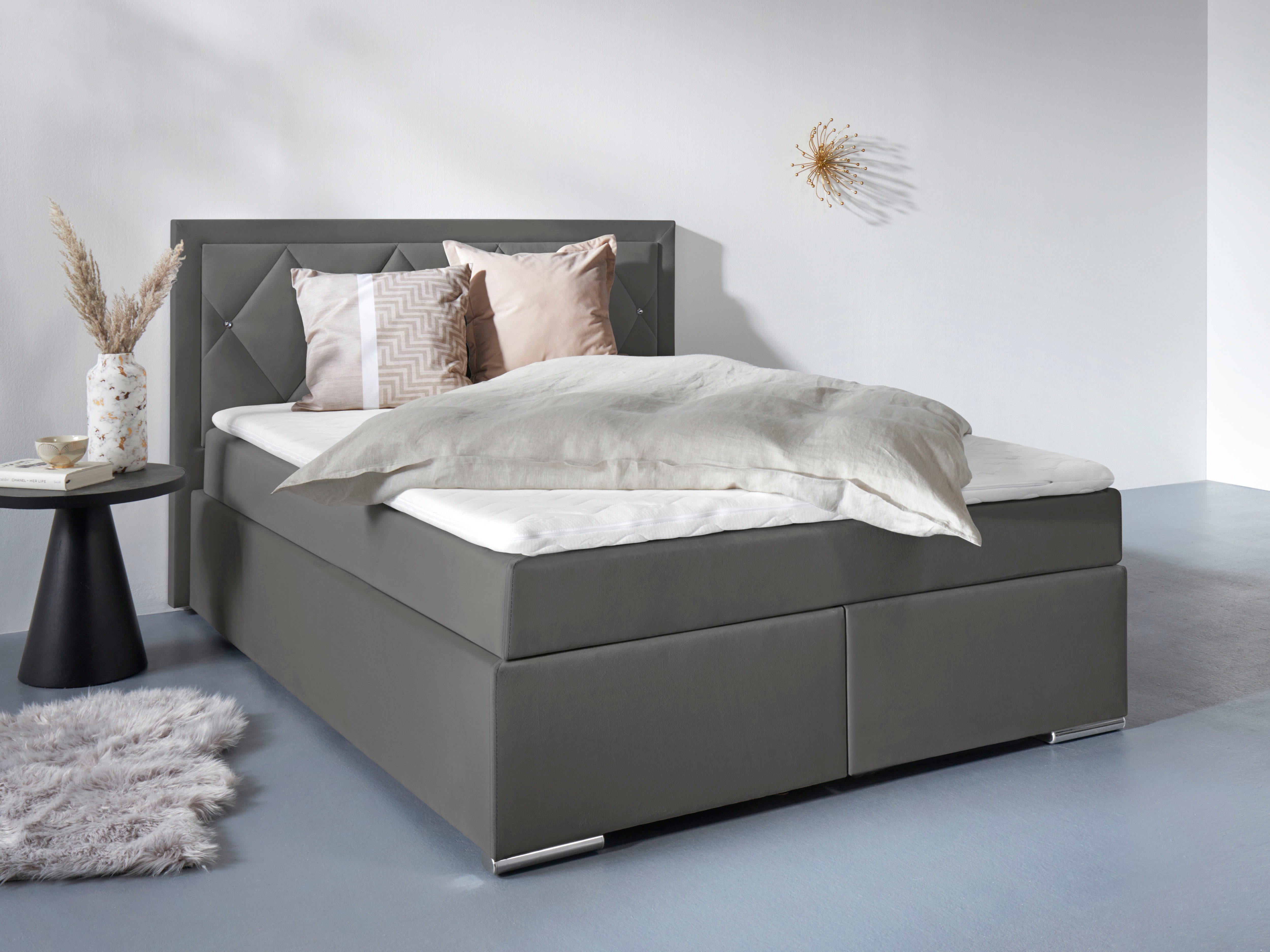 Home affaire Boxbett ALFIE, Polsterbett wahlweise mit Bettkasten, Samtvelours-Bezug (mit PUR-Schaumtopper (H2), Kaltschaumtopper (H3) oder Viscotopper (H4), mit Bonnell-oder Taschenfederkernmatratze H2,H3, H4, 120/140/180x200cm