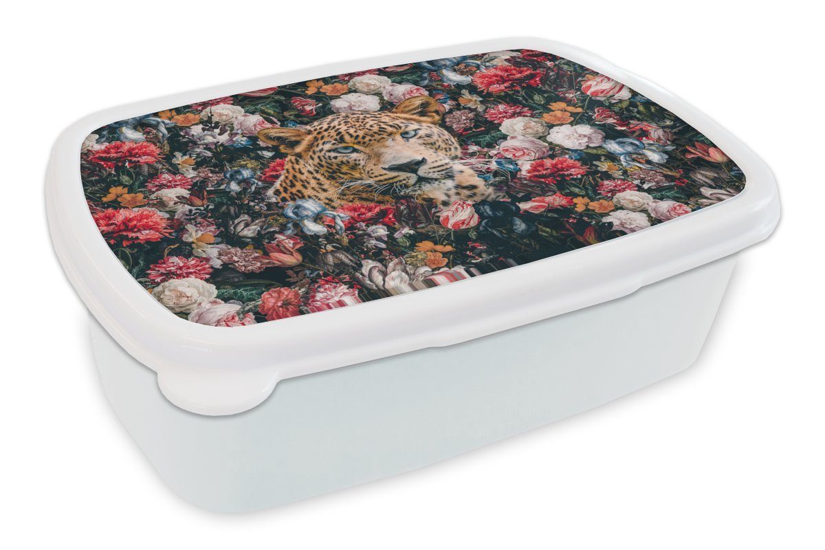 MuchoWow Lunchbox Kinder - für weiß Mädchen und - Tiere, für Jungs (2-tlg), Erwachsene, Kunststoff, Blumen Leopard Brotbox Brotdose, und