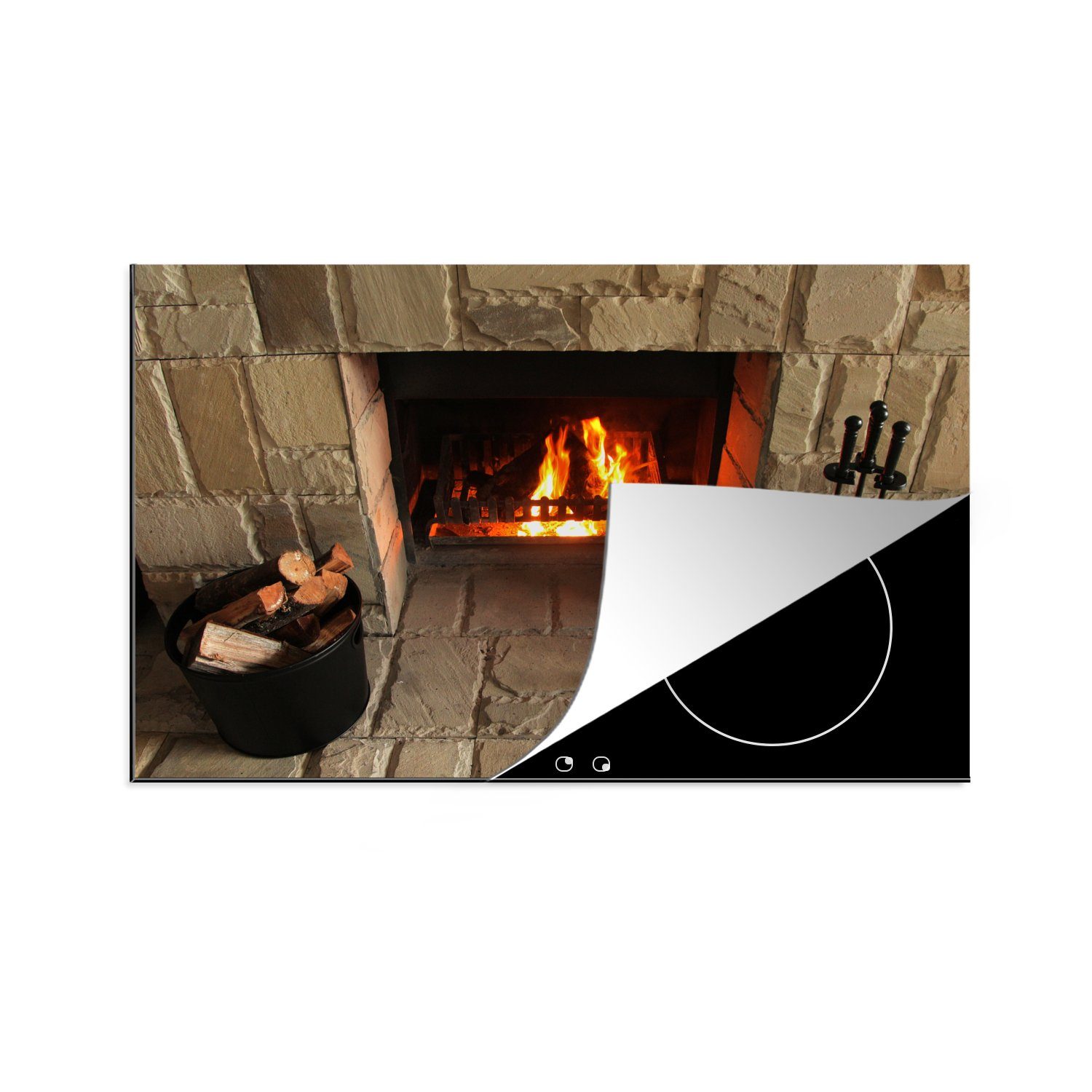 MuchoWow Herdblende-/Abdeckplatte Feuerstelle in einer Steinmauer, Vinyl, (1 tlg), 81x52 cm, Induktionskochfeld Schutz für die küche, Ceranfeldabdeckung