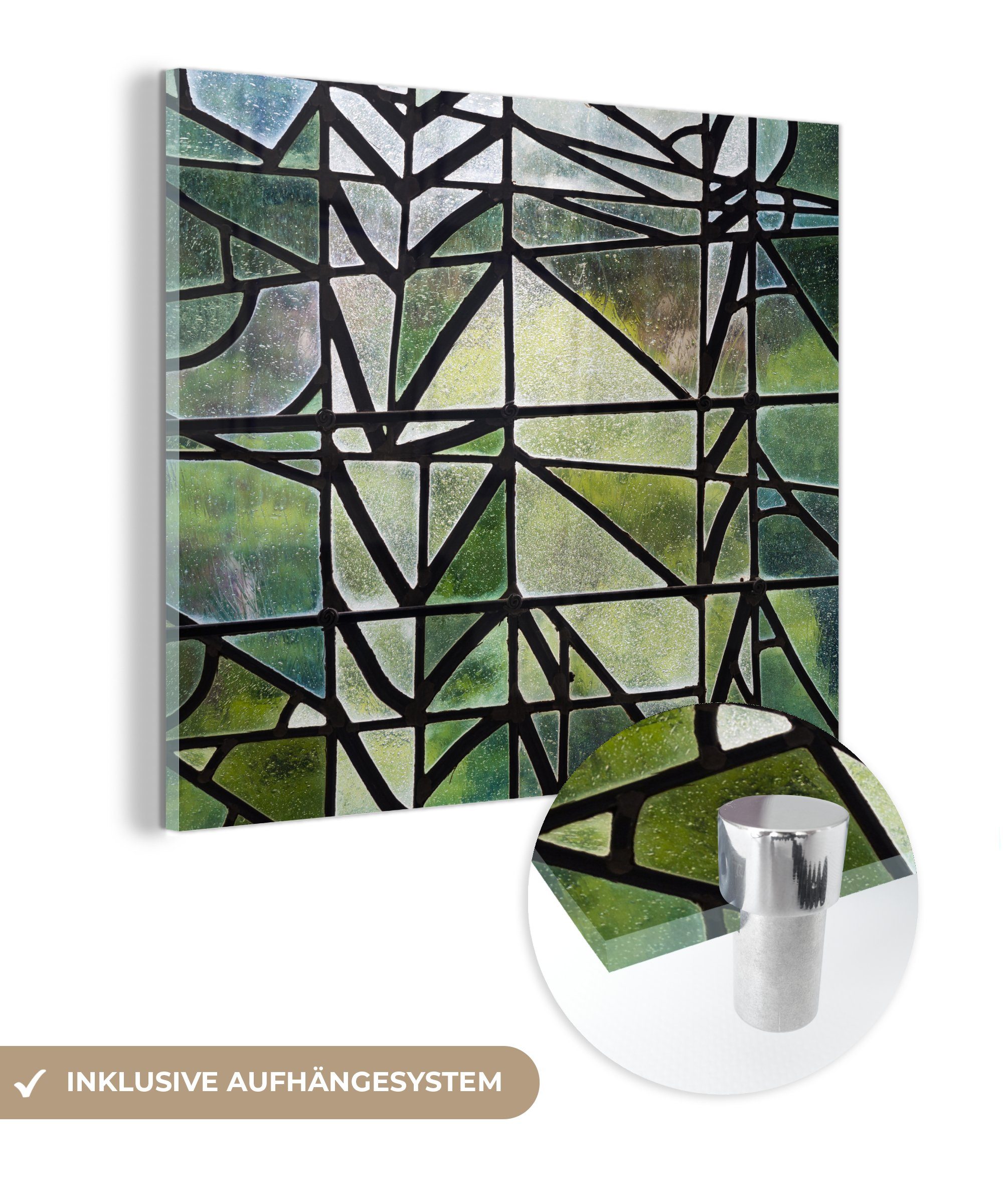 MuchoWow Acrylglasbild Fenster auf grünem Hintergrund, (1 St), Glasbilder - Bilder auf Glas Wandbild - Foto auf Glas - Wanddekoration