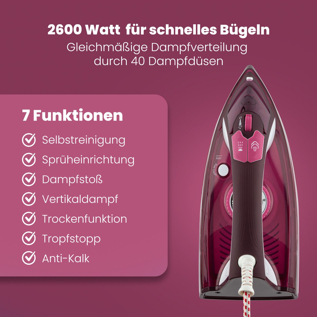 CLATRONIC Dampfbügeleisen DB 3705, kratzfeste Keramiksohle, 7 Funktionen, 2600 W
