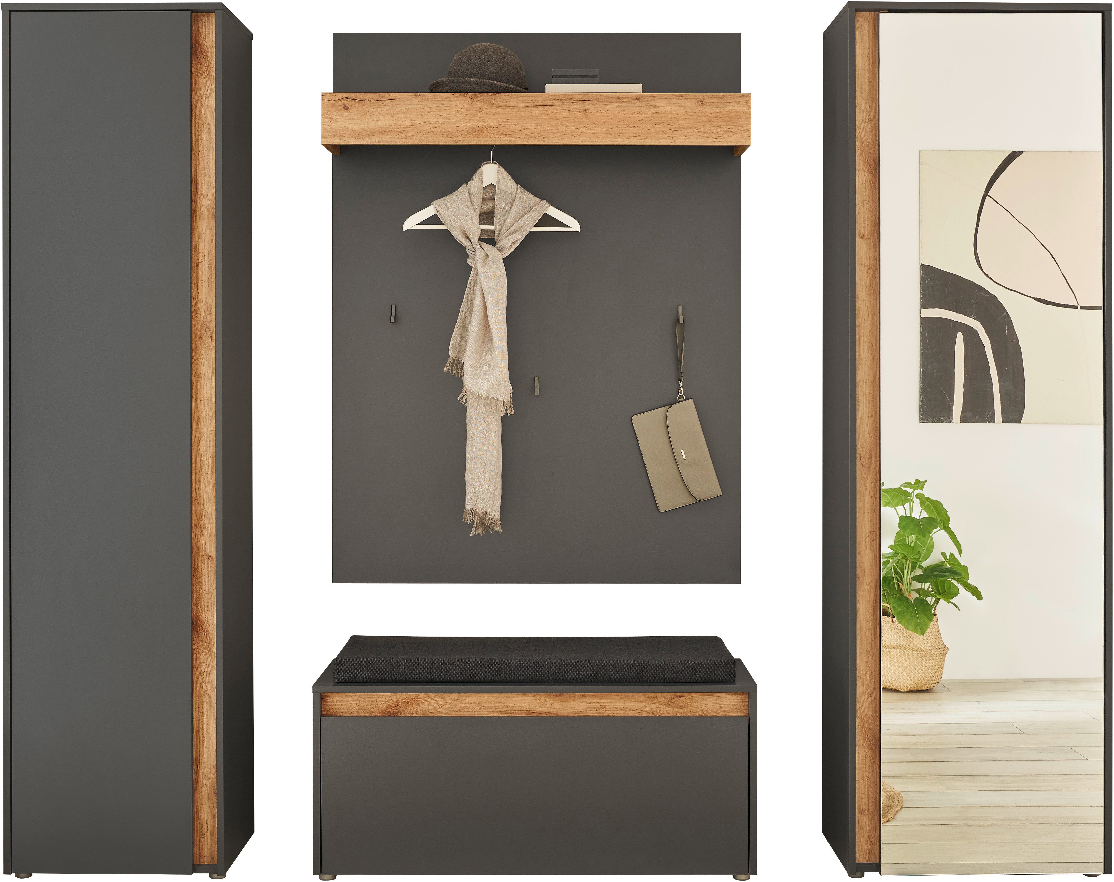 Home affaire Garderoben-Set GIRON/CiTY, moderne Garderobe, Komplettset mit viel Stauraum, (Komplett-Set, 4-St), enthält Garderobenschränke, Paneel & Schuhbank +Sitzkissen