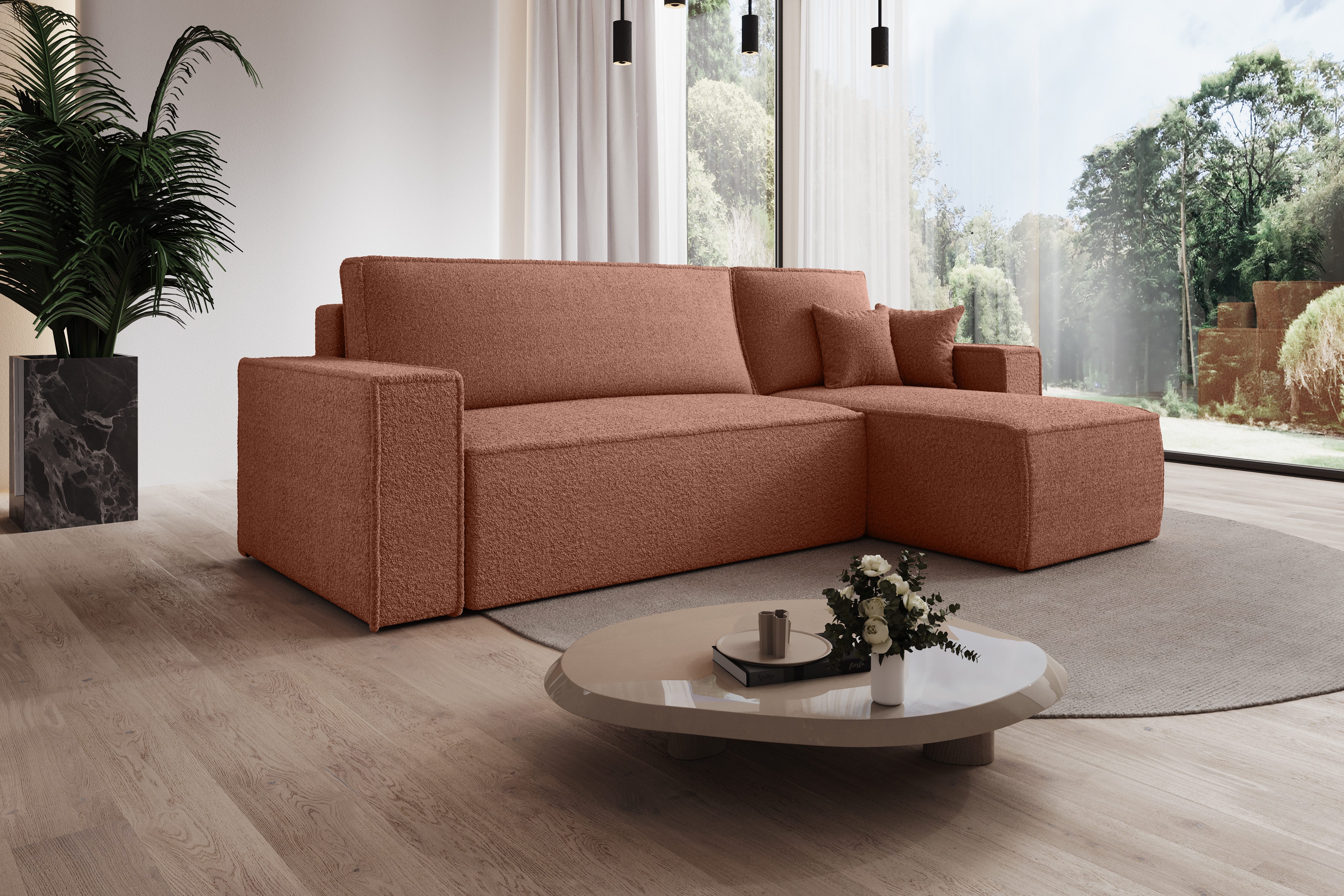 thematys Ecksofa mit Schlaffunktion und Bettkasten, L-Form, Cord und Bouclé + 2 Kissen, 244 x 145cm - Luxus Couch mit Bettfunktion mit Bonnellfedern