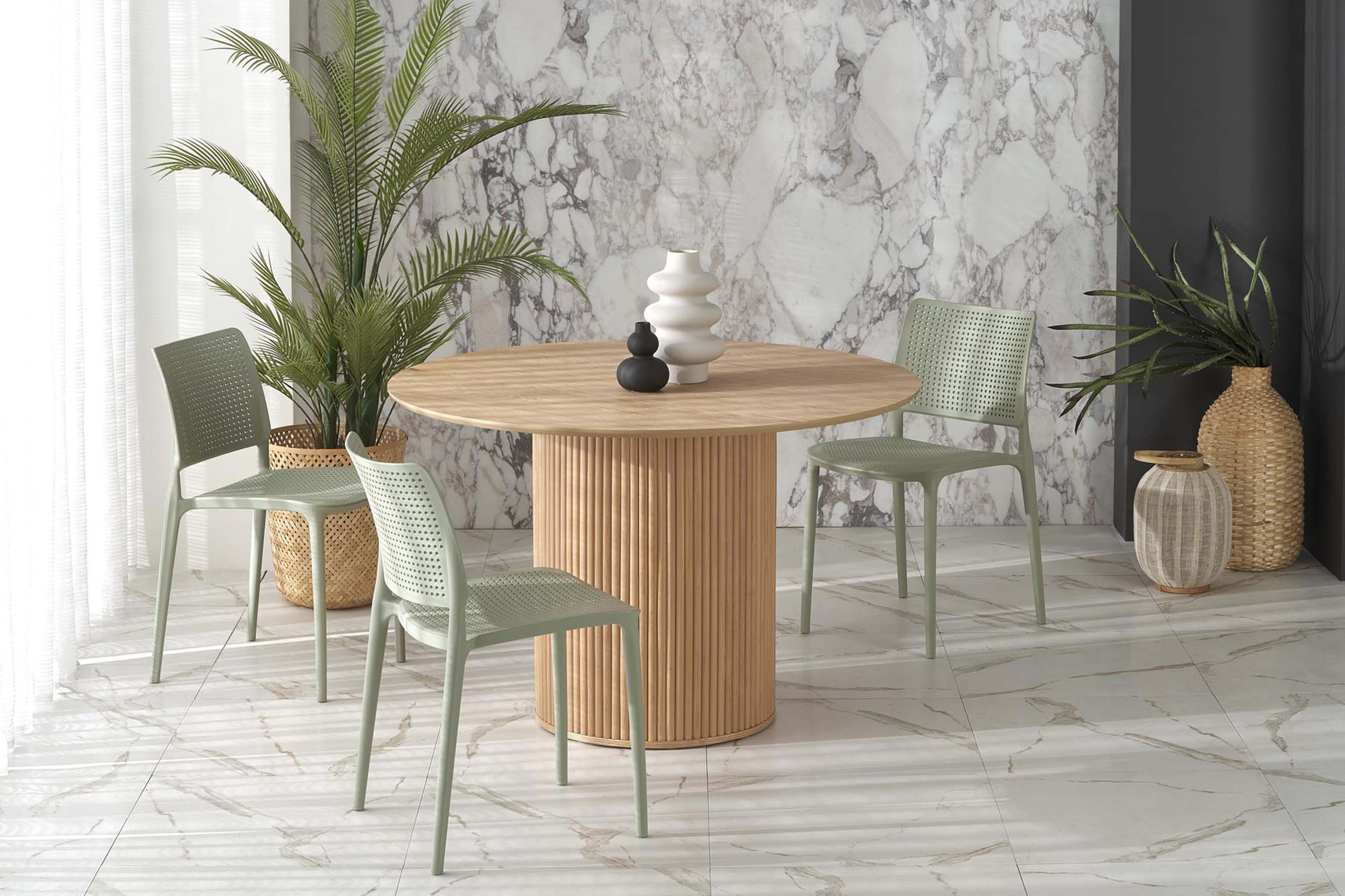 KONSIMO® Esstisch FARA Runder Esszimmertisch, Säulenfuß, bis 4 Personen, Küchentisch, Massivholzbein, Boho-Stil, dekorative Lamellen