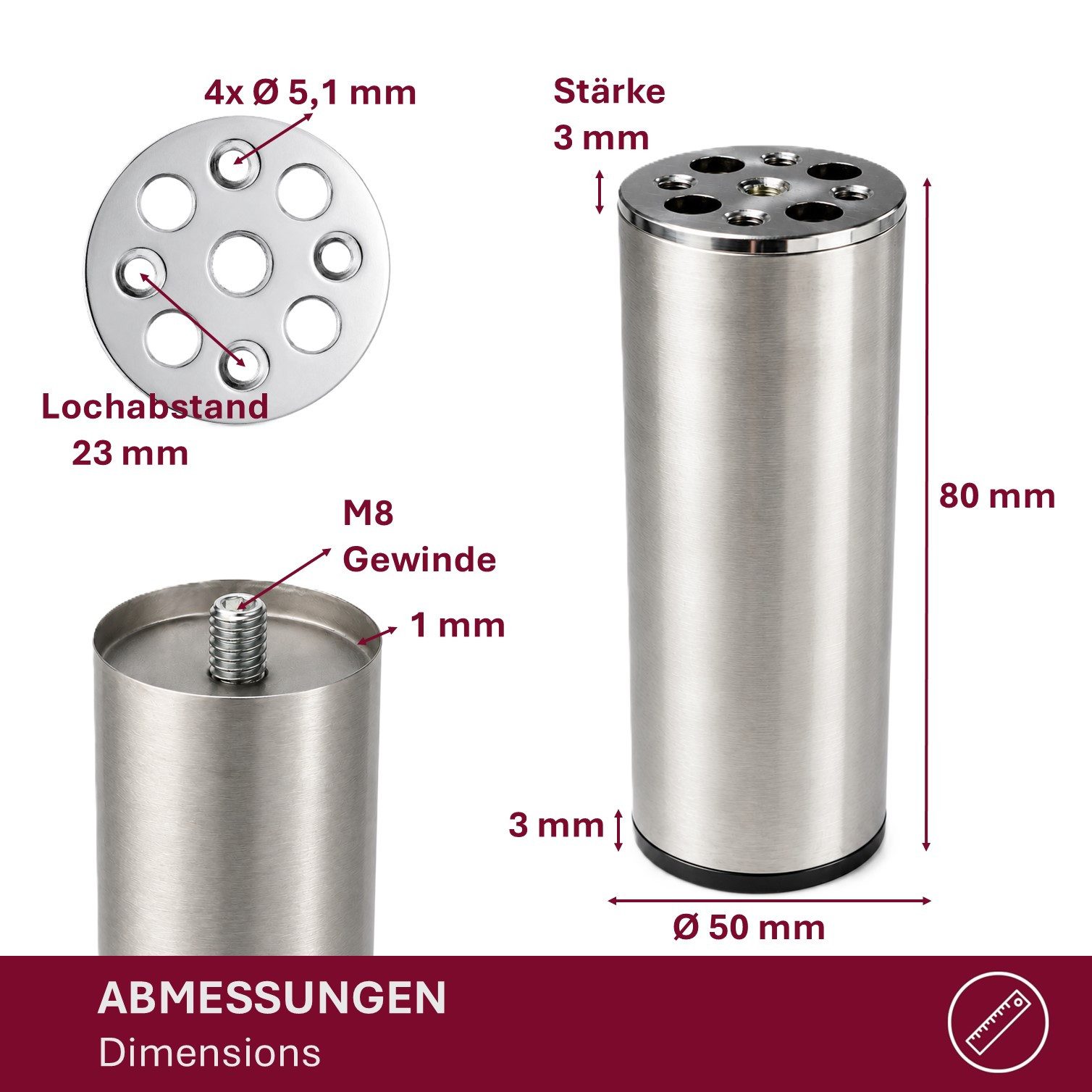 HOOZ Möbelfuß Edelstahl 80mm 12er Set gebürstet Ø50mm mit Kunststoffgleiter, (Set, 12-St., 12er-Set Möbelbeine), 3 mm Montageplatte mit M8-Gewinde und Kunststof – Bild 4 von 5