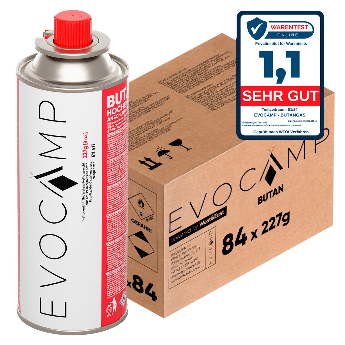 EVOCAMP Gaskartusche 84x Butankartuschen Typ MSF-1a 227g mit Bajonettventil günstig online kaufen