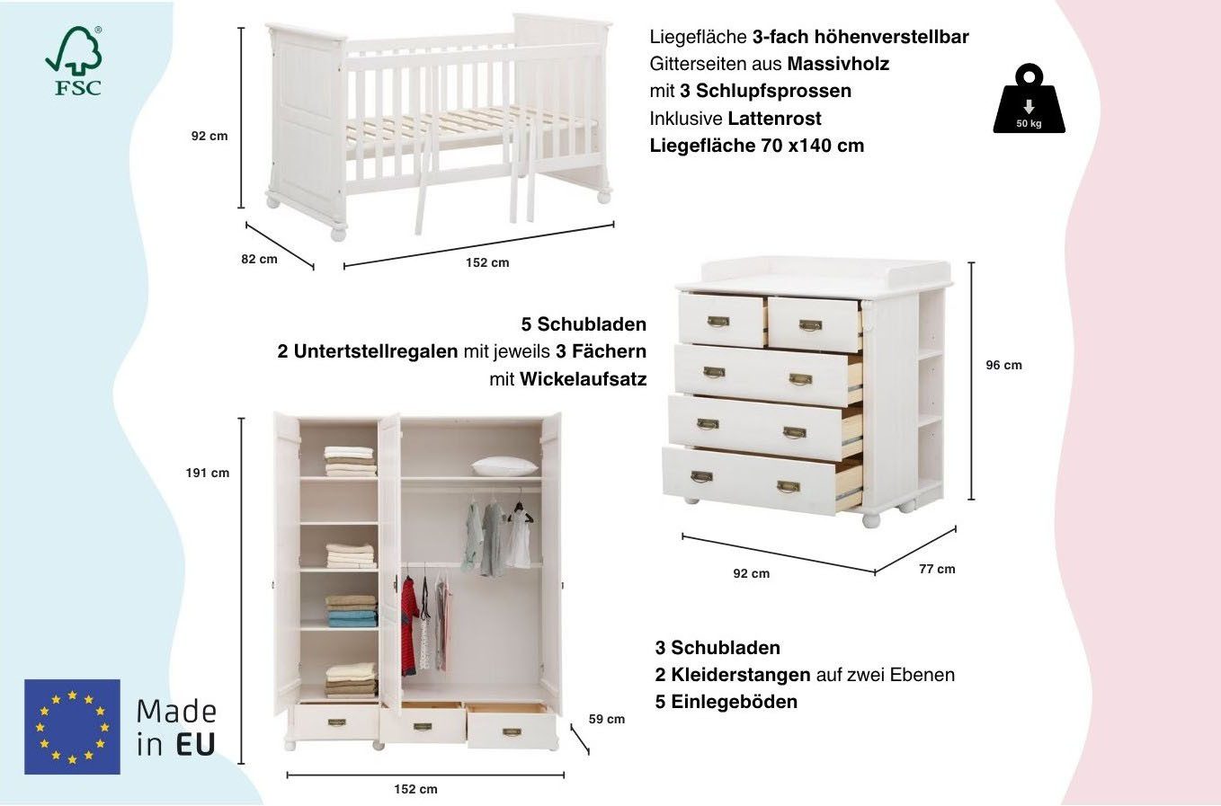 OTTO home Babyzimmer-Komplettset "Aimo", Landhausstil, stabile Qualität, edles Design, Messinggriffe, (Set, 3-tlg., Kinderbett, Schrank, Wickelkommode), aus Mas – Bild 4 von 5