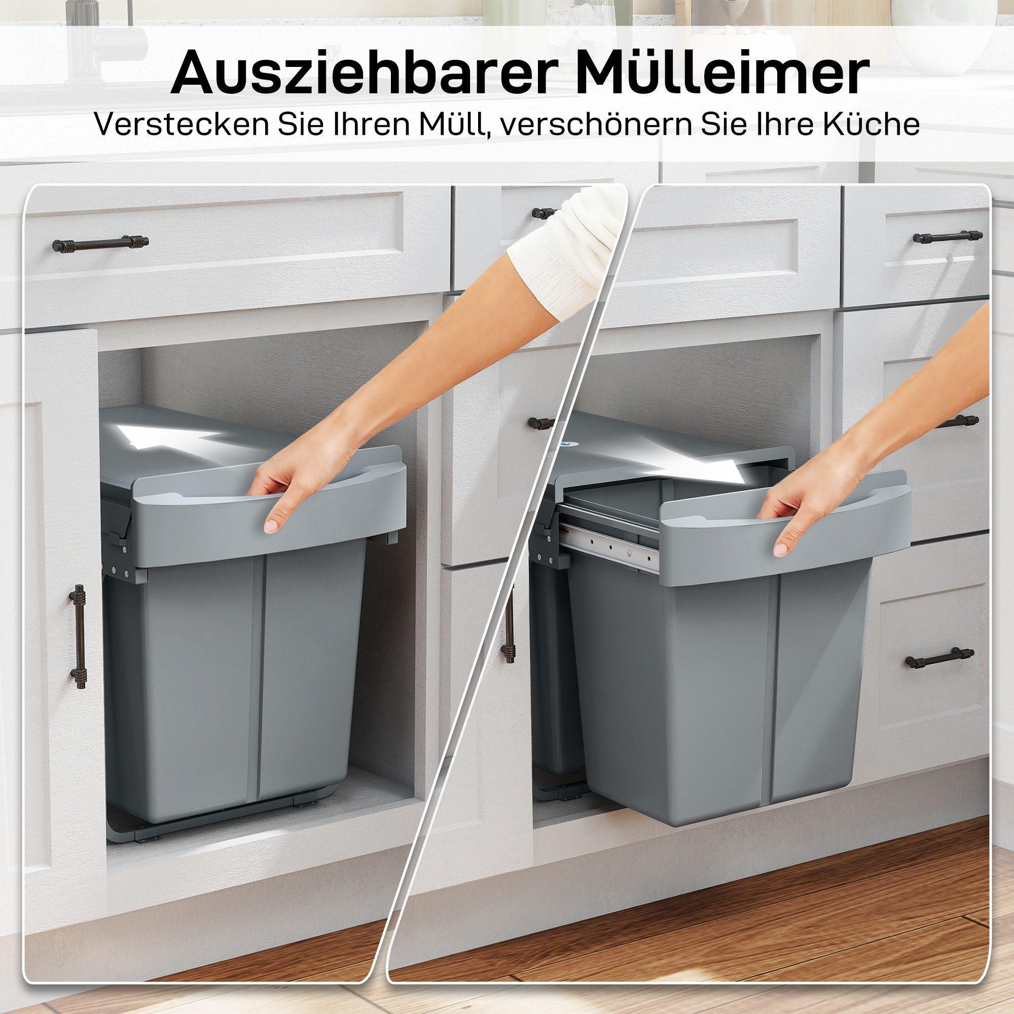 HOMCOM Einbaumülleimer Abfallsammler Ausziehbar 20 L+20 L, 3 herausnehmbaren Fächern, Doppelbehälter, Grau – Bild 4 von 5