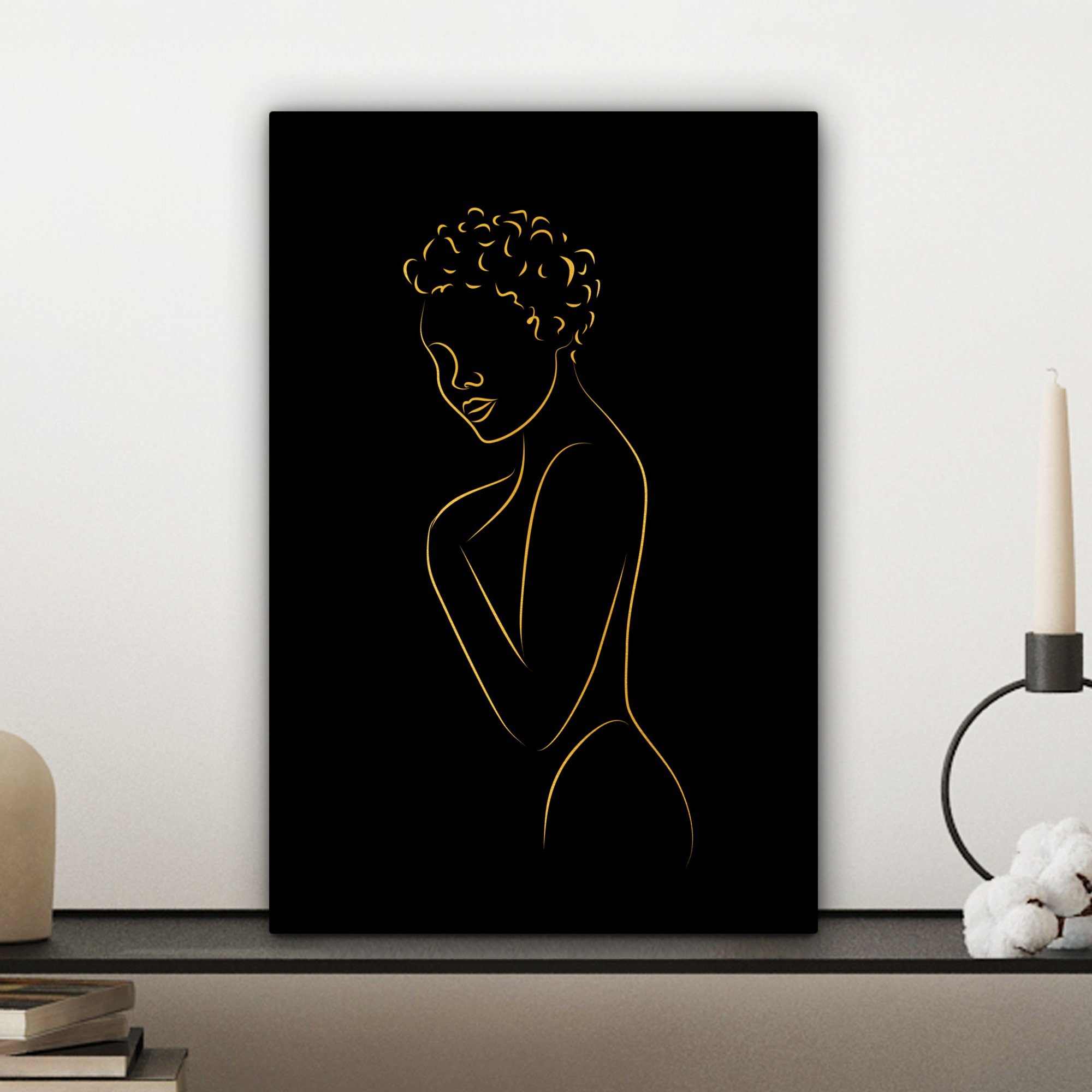 Gemälde, - (1 inkl. St), Gold OneMillionCanvasses® Leinwandbild Leinwandbild cm 20x30 fertig - Strichzeichnung, bespannt Schwarz - Frau Zackenaufhänger,