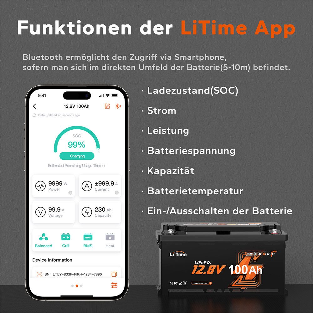 LiTime 12V 100Ah H190 LiFePO4 Batterie mit Bluetooth und BMS 1280Wh DIN H8 Solarakkus 100000 mAh (12 V), L358*B177*H188 mm, geeignet für Wohnmobile, Wohnwagen und Solaranlage