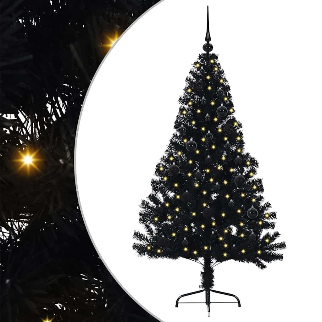 furnicato Künstlicher Weihnachtsbaum Schwarz 150 cm mit warmweißen, UV-beständige Tanne mit 150 LEDs und 61 Kugeln für den Garten