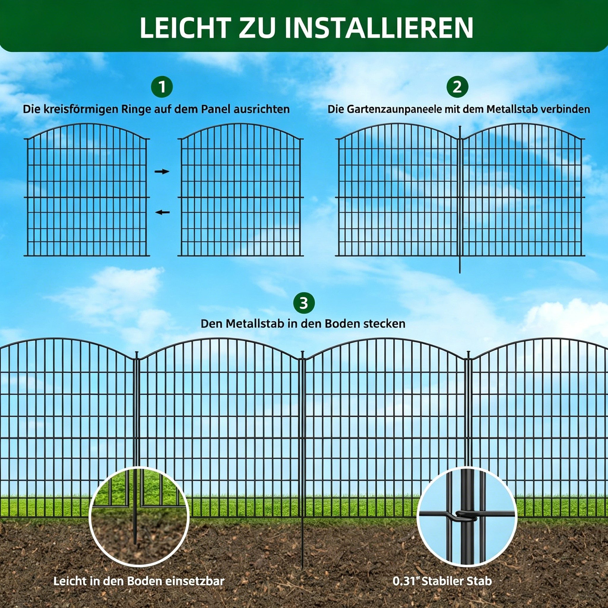 GarveeMore Gartenzaun Freien Stücke ohne Tür, Metall Gitterzaun aus Zaunelementen, (10-St) – Bild 4 von 5