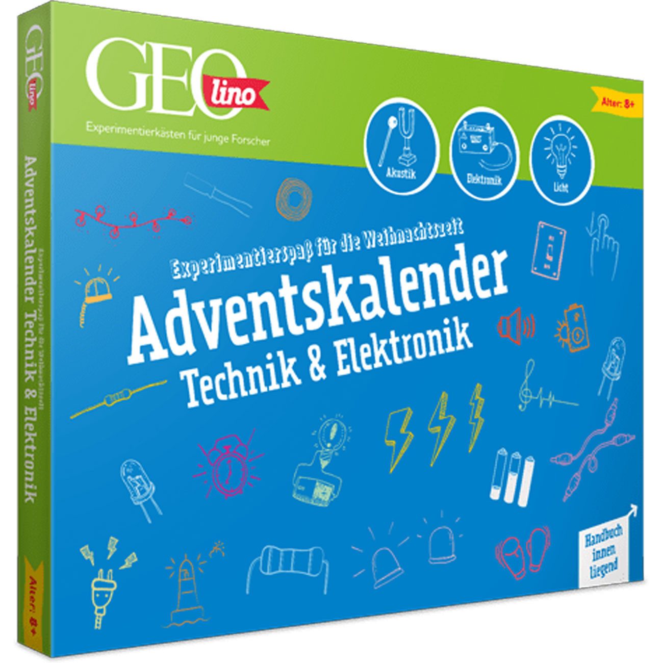Franzis Verlag Adventskalender GEOlino Adventskalender Technik Elektronik 24 Türchen mit Steckboard, 24 MINT-Experimente mit Handbuch