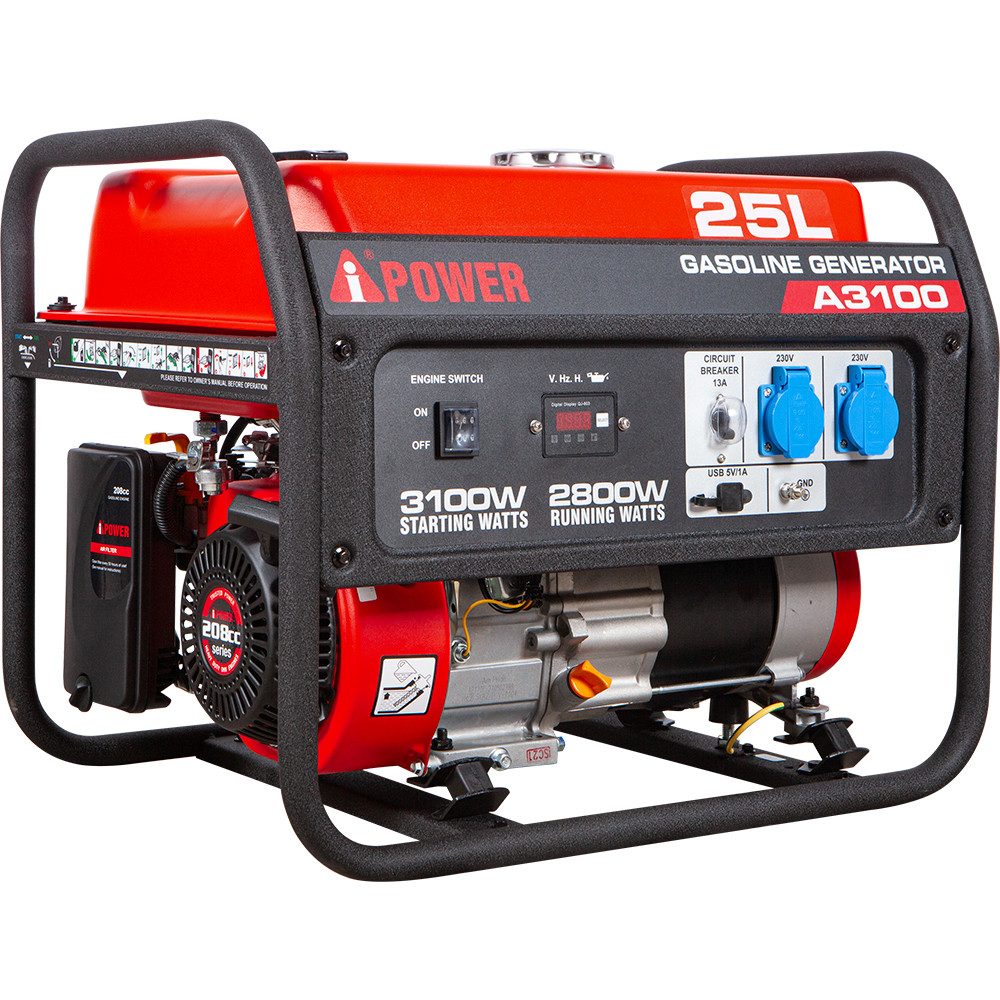A-iPower Stromerzeuger A3100, 3,1 in kW, (Benzin Stromgenerator Generator Notstromaggregat 4-Takt Motor Stromerzeuger Generator), mit 230V Steckdosen und USB