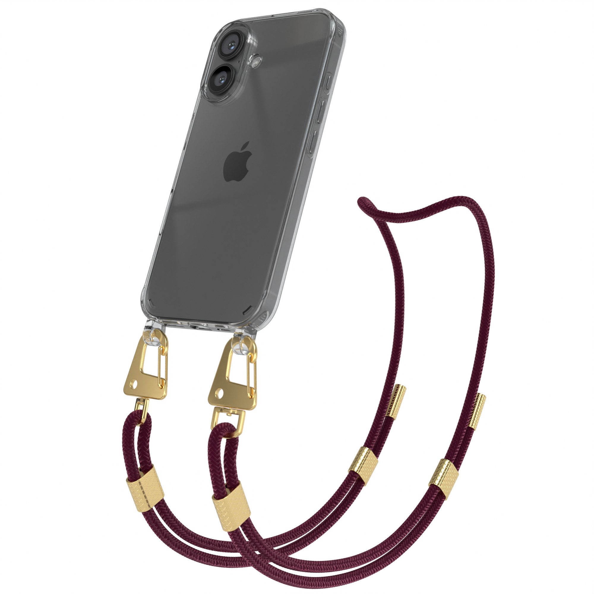 EAZY CASE Handykette Silikonhülle mit runder Kette für Apple iPhone 16 6,1 Zoll, Handykette zum Umhängen Phone Chain Festivalbag Smartphone Dunkelrot
