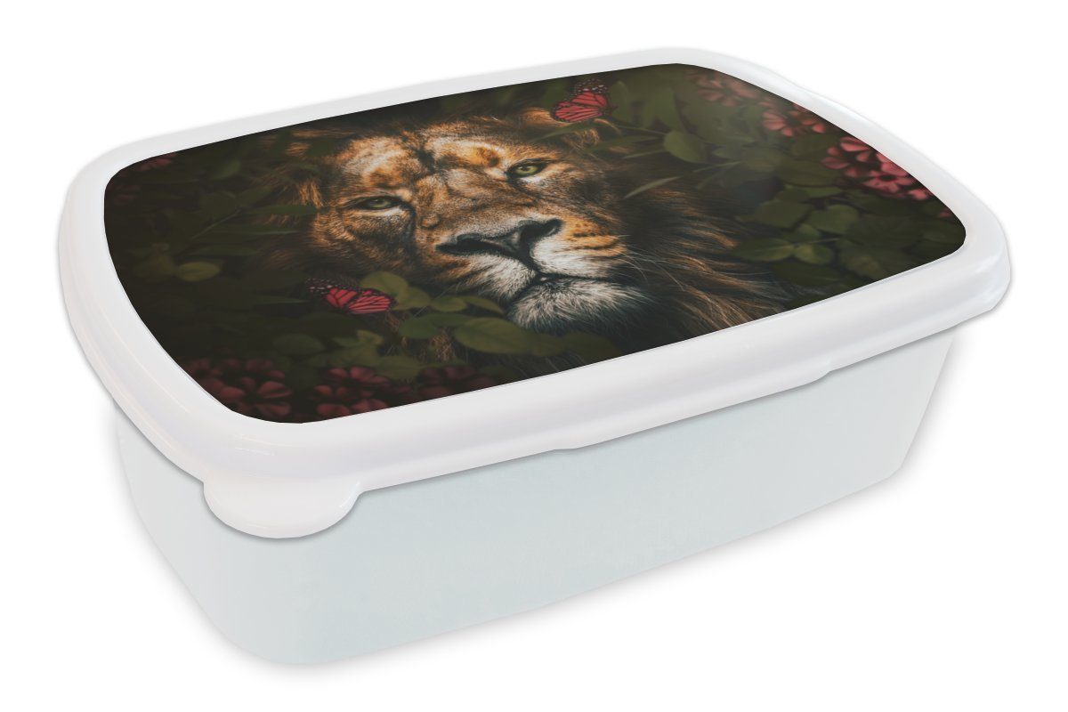 MuchoWow Lunchbox Dschungel - Löwe - Schmetterling - Blumen, Kunststoff, (2-tlg), Brotbox für Kinder und Erwachsene, Brotdose, für Jungs und Mädchen weiß
