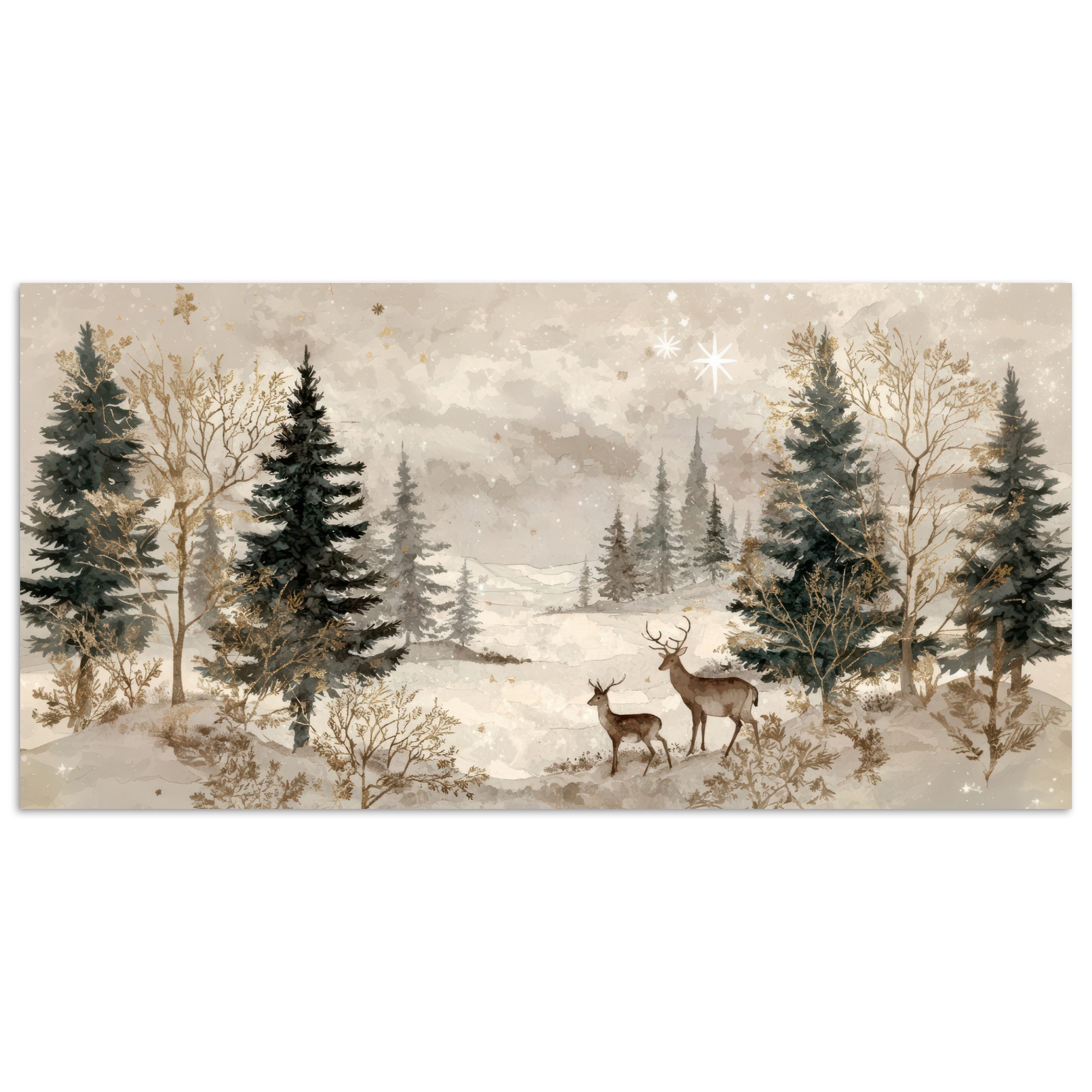 MuchoWow Poster Wald - Hirsche - Winter - Schnee, (1 St), Wandbild, Wohnzimmer Deko, Qualitätsdruck Dickes Papier, 80x40 cm