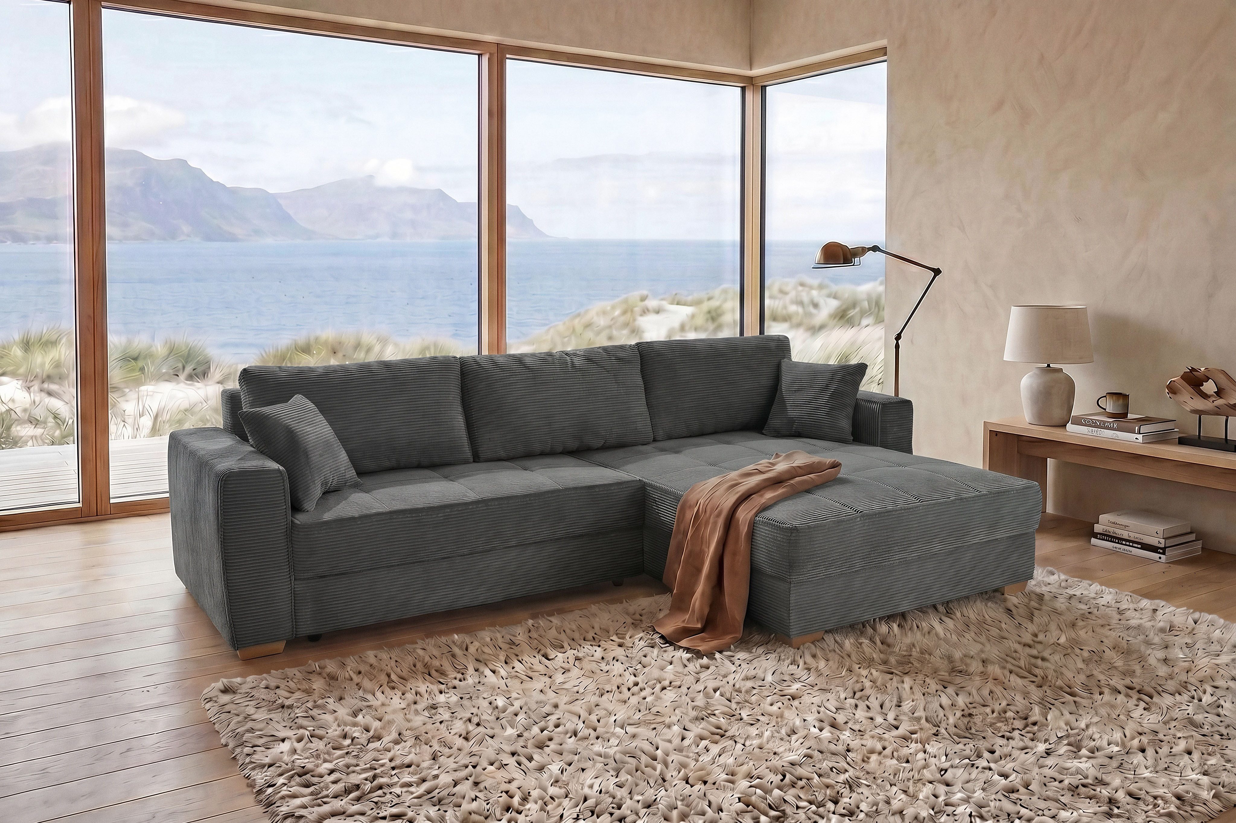 Jockenhöfer Gruppe Ecksofa Bologna, L-Form, Breite: 298 cm, Cord-Bezug, beidseitig montierbar, mit Schlaffunktion, Bettkasten & Zierkissen, XXL-Ottomane