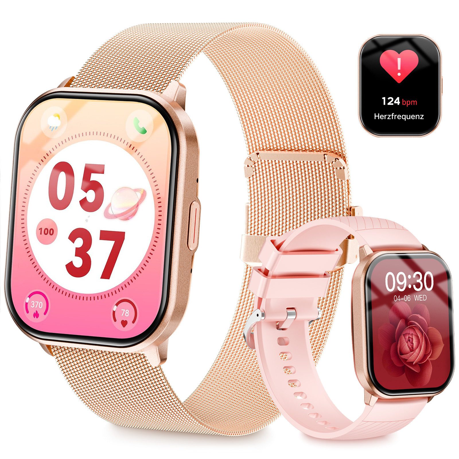 Yuede Smartwatch Damen & Herren mit 2 Armbändern, Fitness Uhr Smartwatch (Kratzfestes Voll Touch Farbdisplay cm/2.01 Zoll), Fitnessuhr mit Bluetooth-Anruf & Gesundheits-Tracker, Bluetooth 5.3 Sportuhr, IP67 wasserdicht, unterstützt 120+ Sportmodi, verfügbar für Android 5.0+ / iOS 9.0+