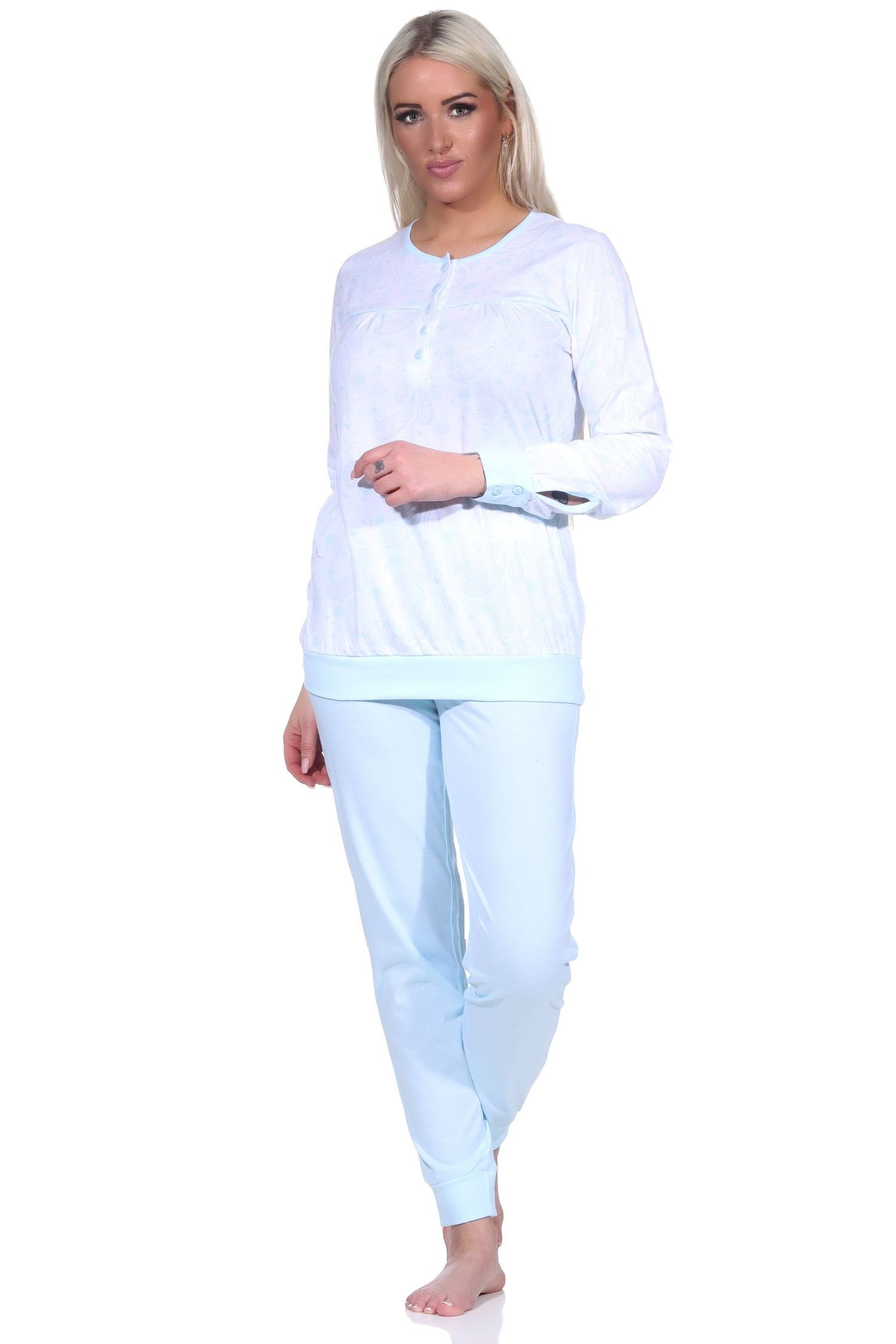 Hals hellblau und mit Knopfleiste Normann Design Schlafanzug Bündchen Paysley im Damen Pyjama